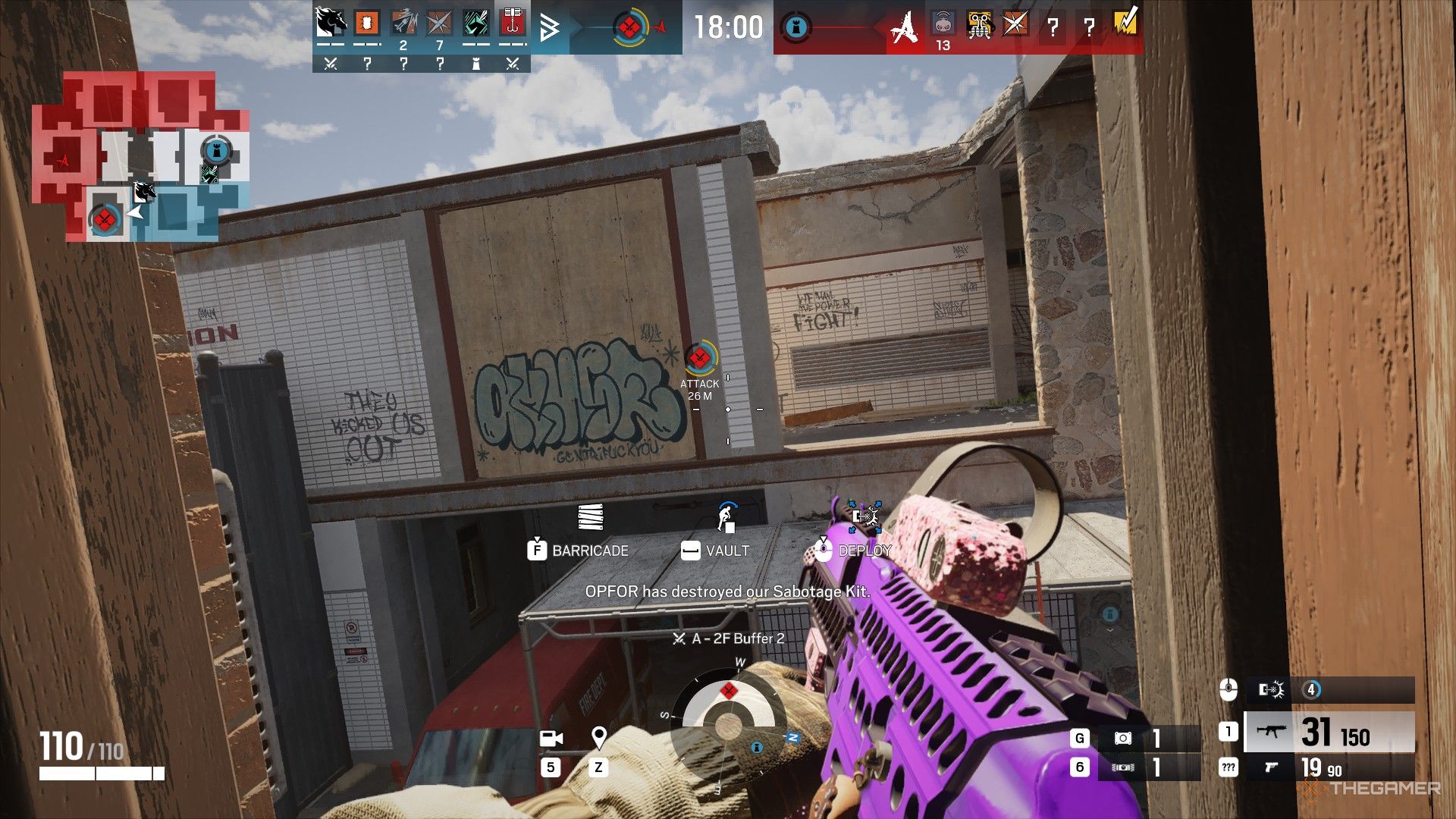 Rainbow Six Siege X's player pointing gun at a wall.