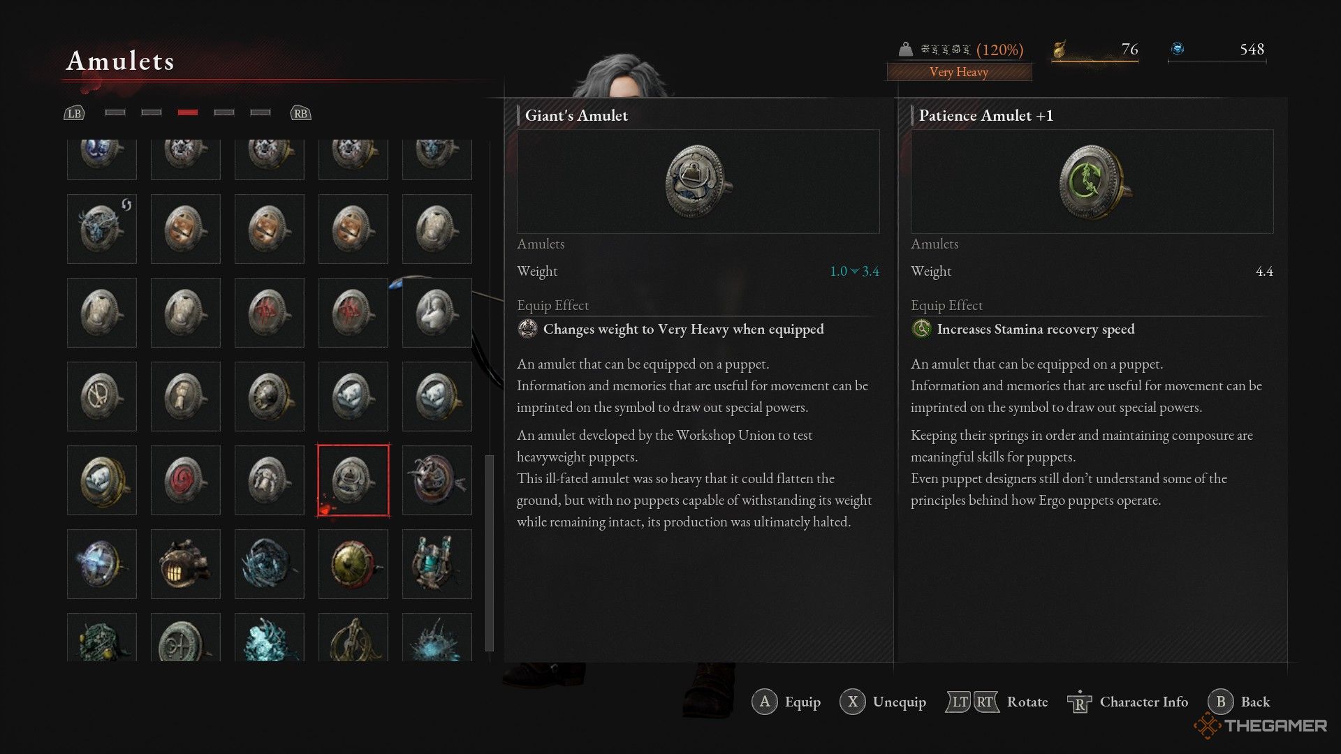 Player equips the Giant's Amulet in Lies of P: Overture.