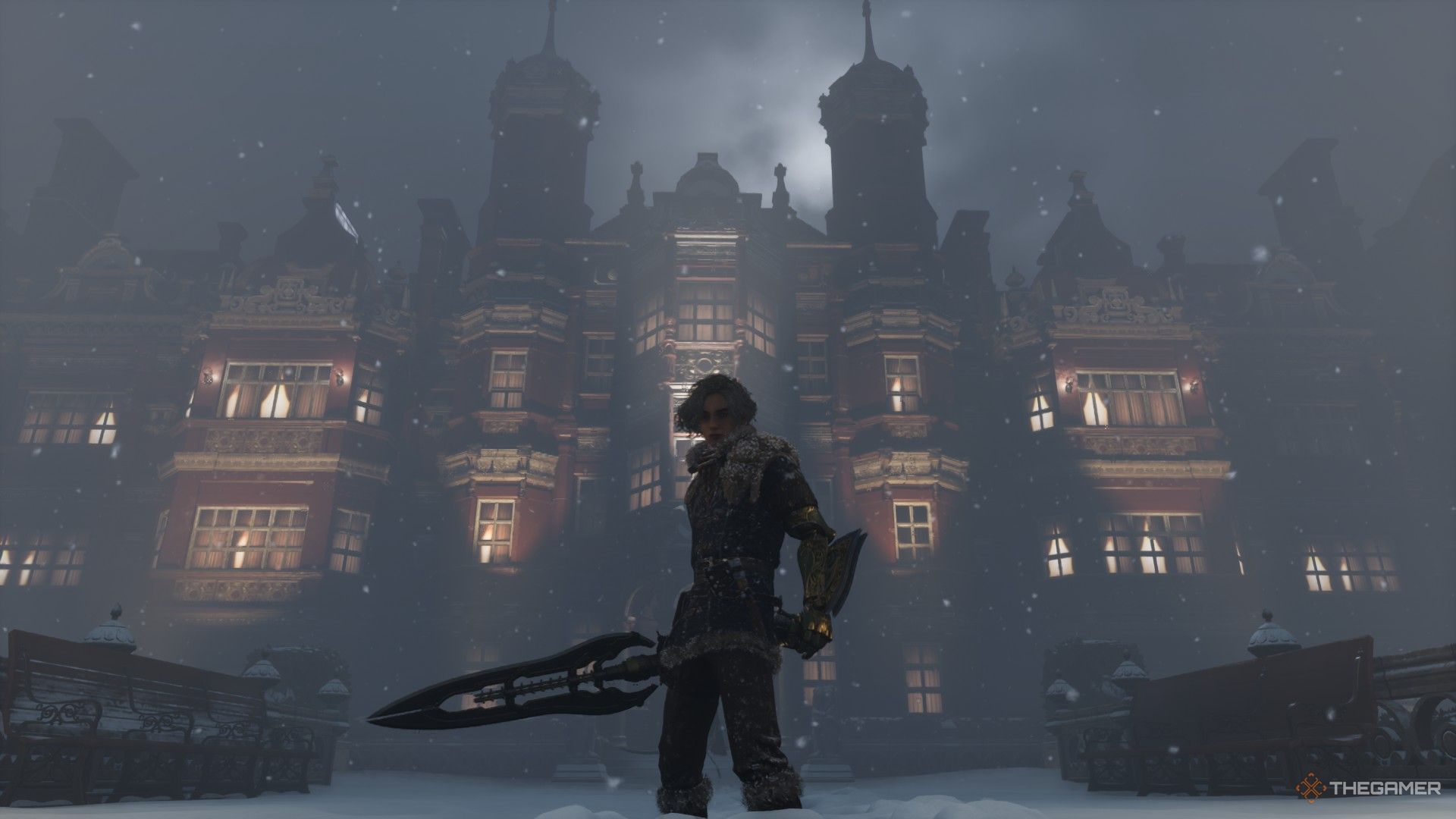 Player poses with the Arche's Guardian in front of the Monad Charity House in Lies of P: Overture.