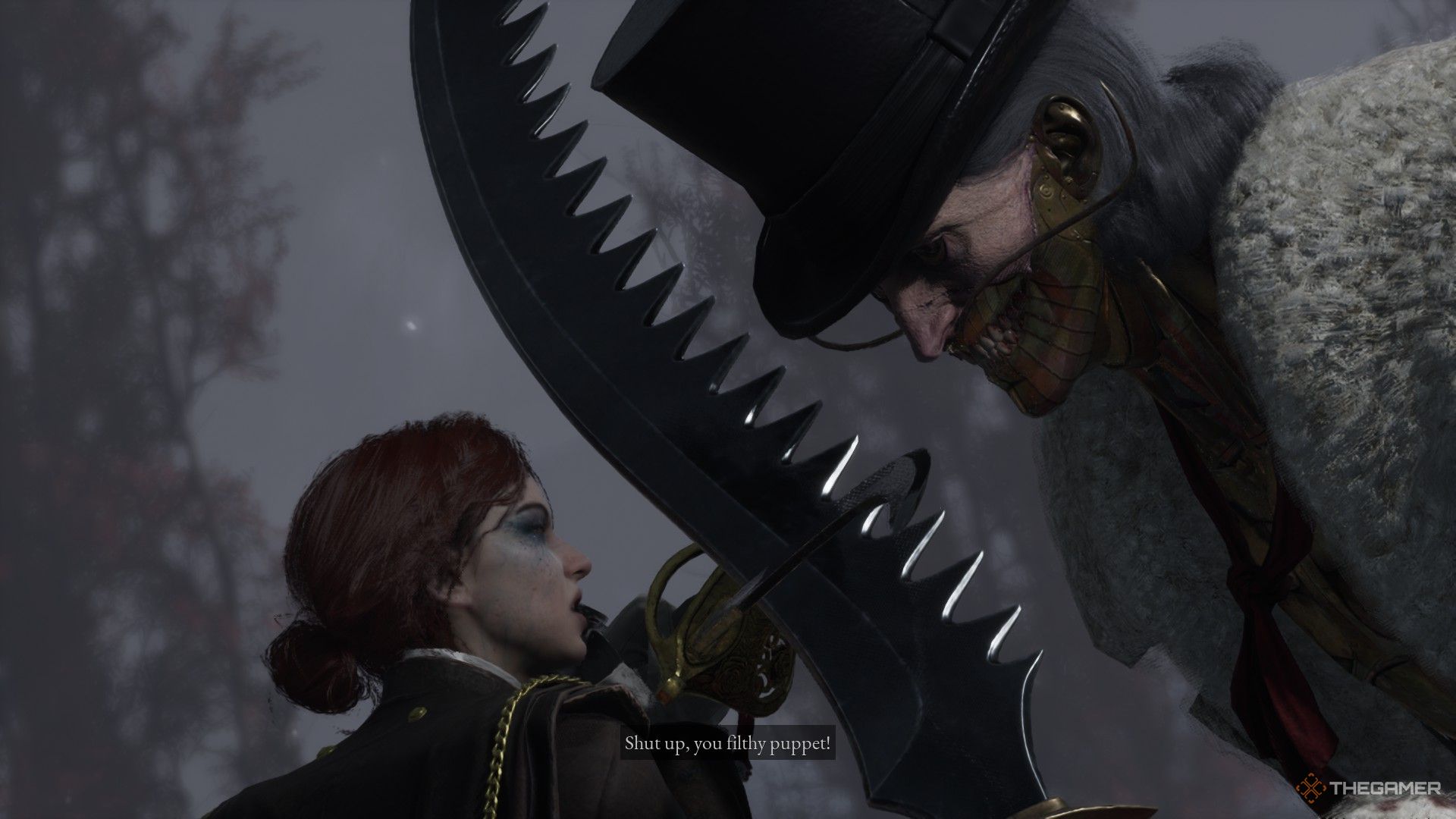 Lea tells Arlecchino to shut up as she blocks his attack and stares at his maniacal grin in Lies of P: Overture.