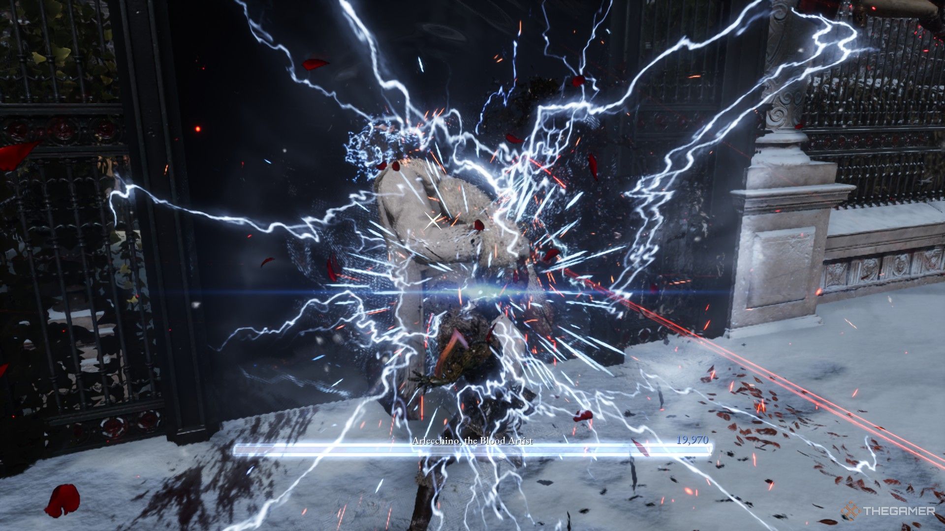 Player uses the strong electric attack of Arche's Guardian to stagger Arlecchino in Lies of P: Overture.