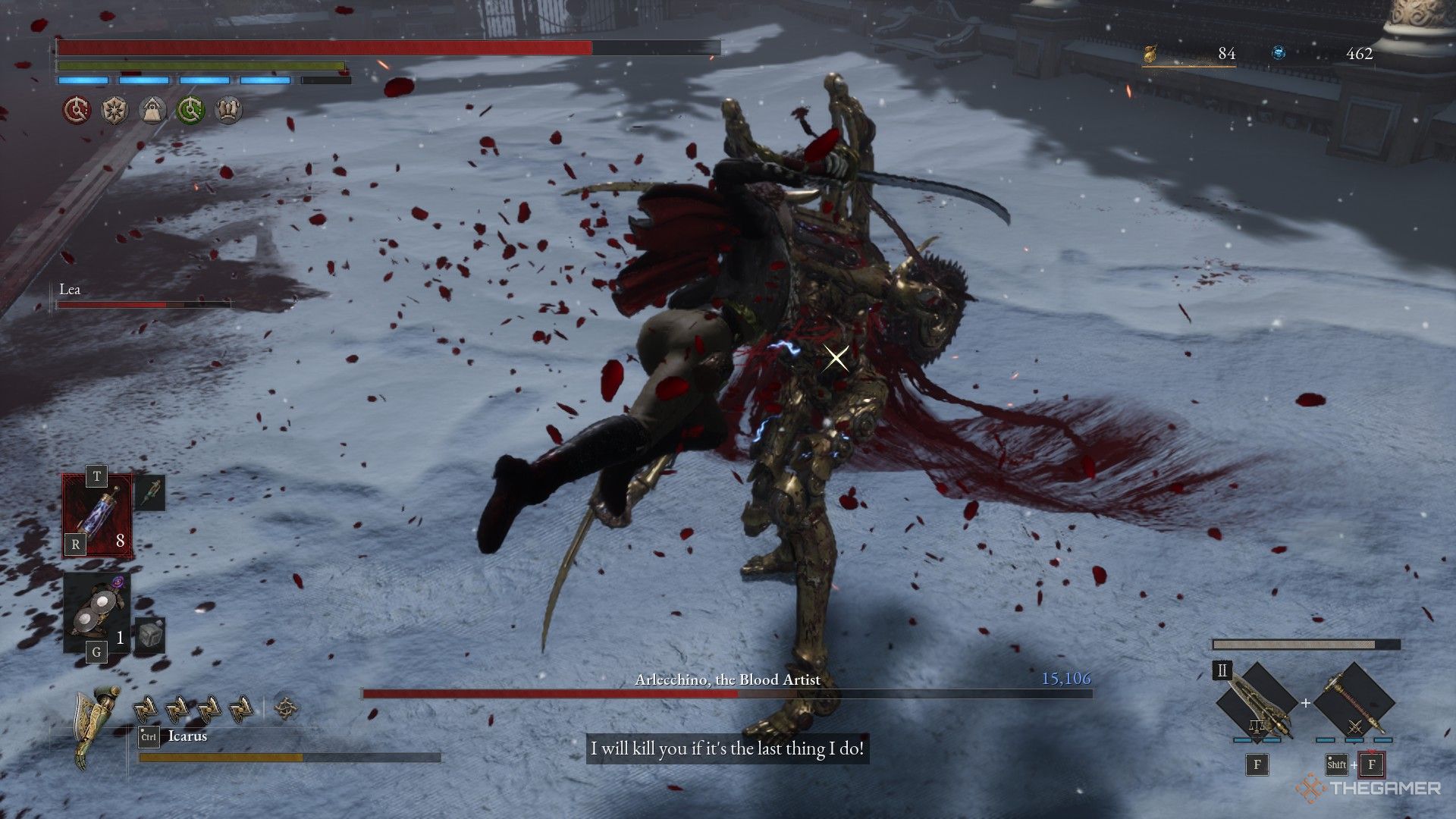 lea jumps into the air and critically hits Arlecchino in Lies of P: Overture.
