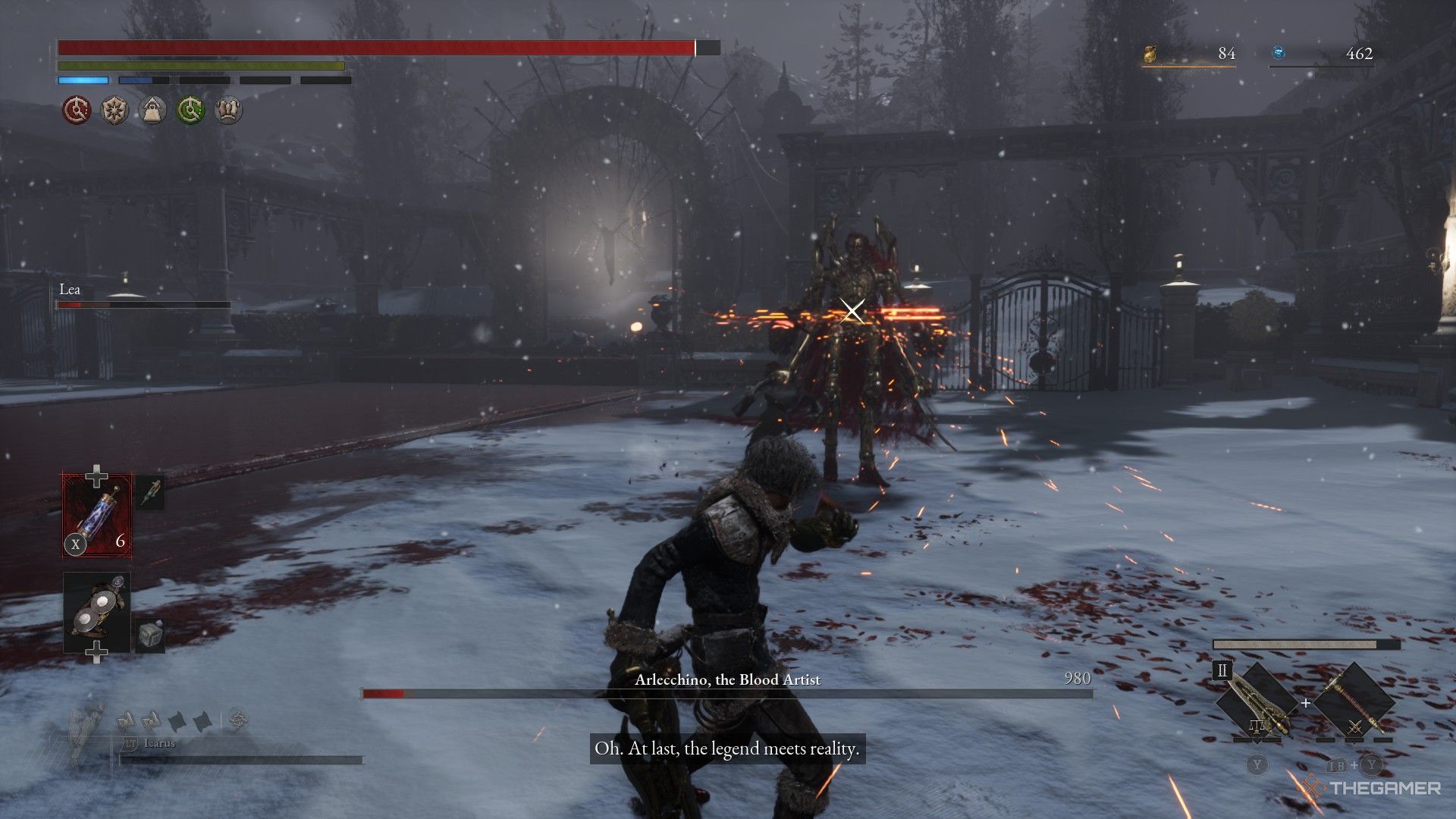 Player throws saw blades at Arlecchino with the Icarus arm in Lies of P: Overture.