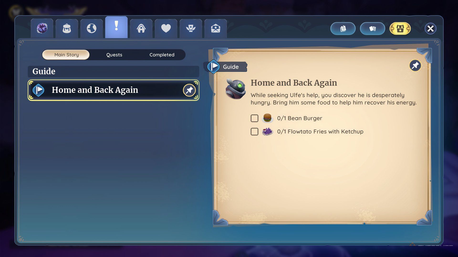 The Quest Details For Home And Back Again Showing What Food To Bring For Ulfe In Palia.