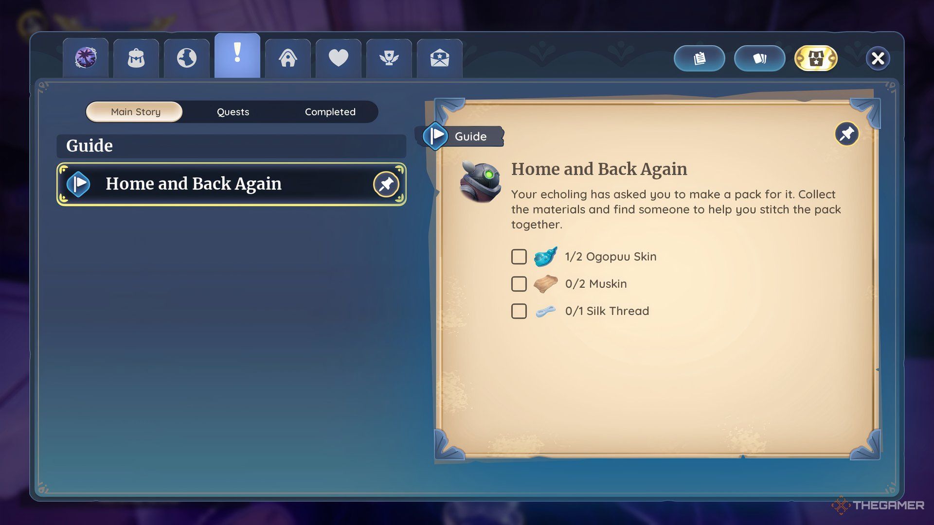 The Home And Back Again Quest Details Showing What Materials To Get For The Courier Pack In Palia.