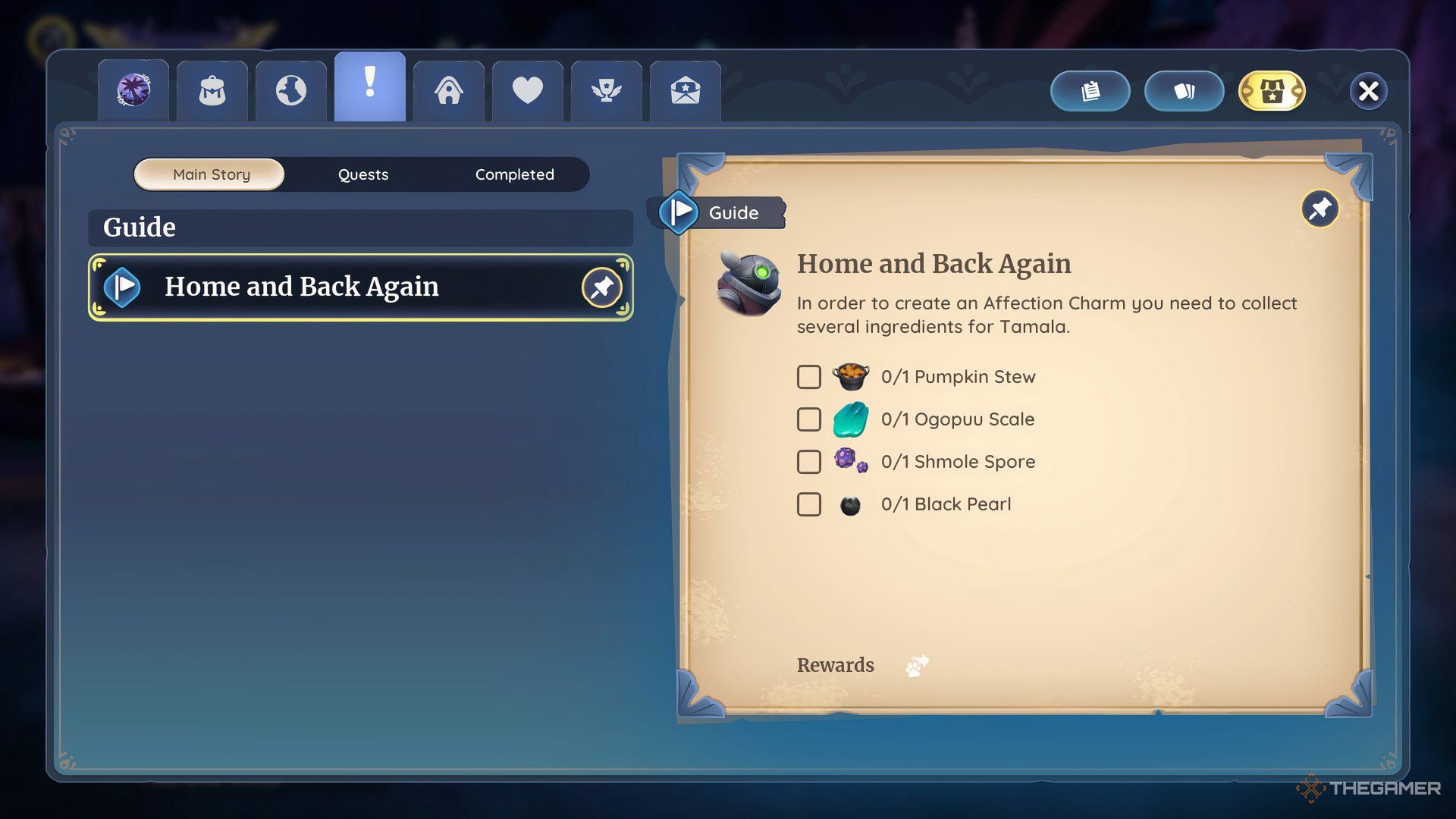 The Home And Back Again Quest Details Showing Materials For Affection Charm In Palia.