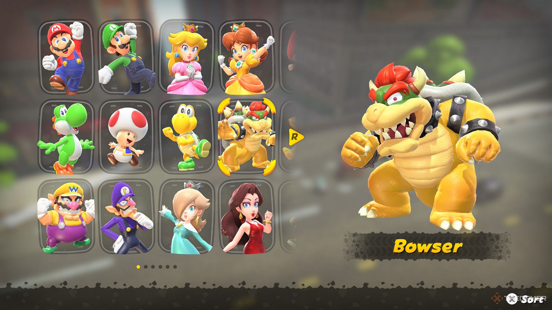 Bowser in the Mario Kart World character selection screen.