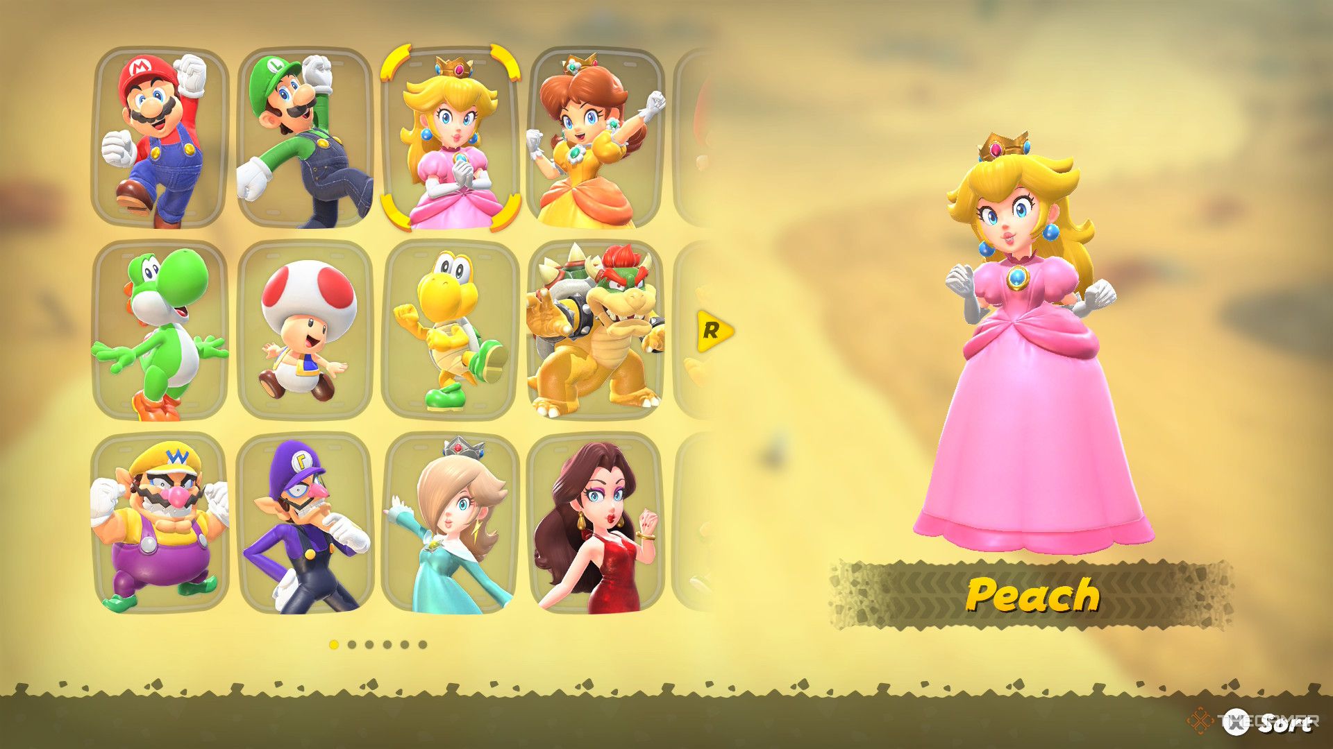 Peach in the Mario Kart World character selection screen.