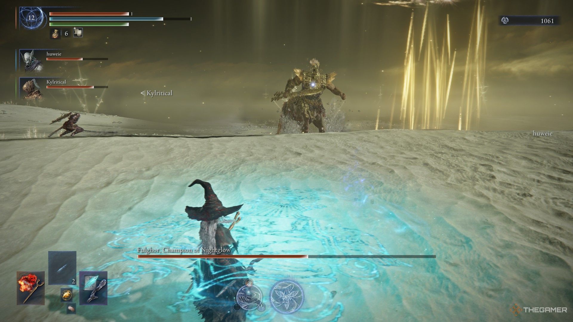 Recluse stands on Terra Magicka as she locks onto the Everdark Darkdrift Knight in Elden Ring Nightreign.
