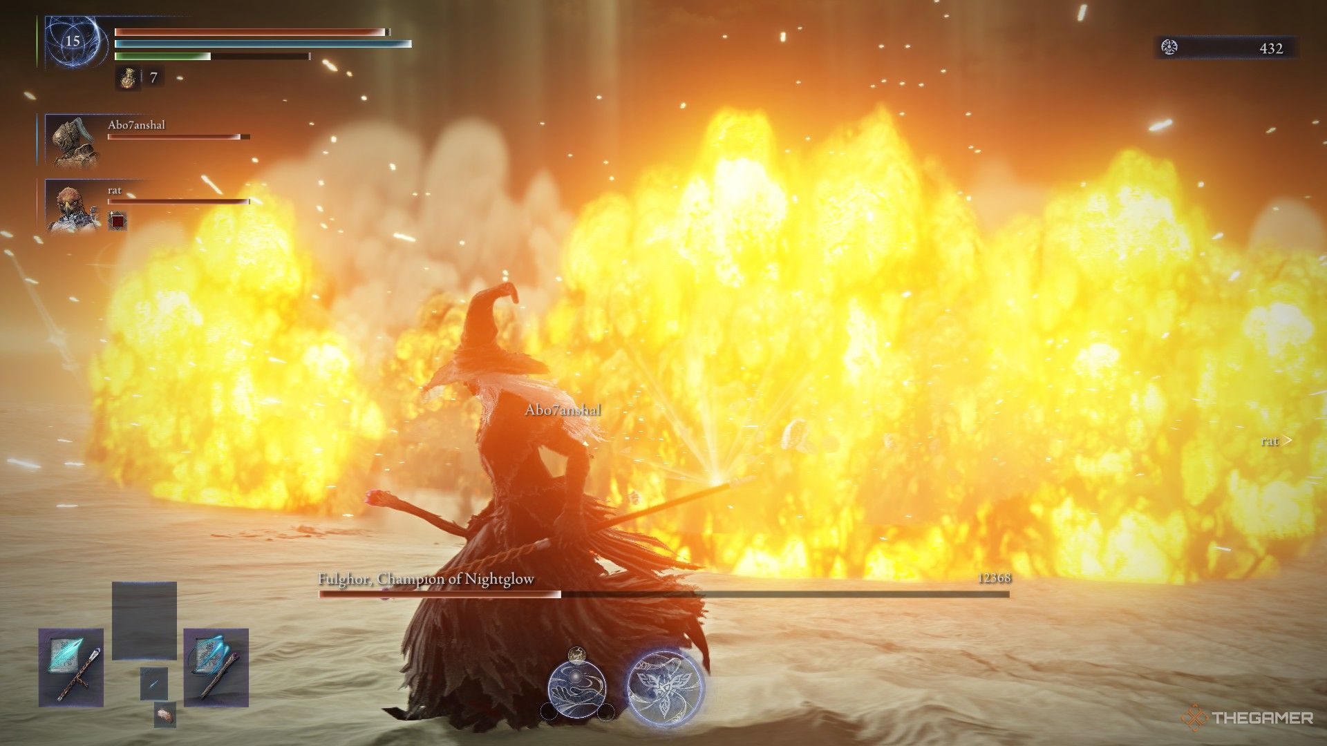 Recluse sprints away from the explosion in the middle of Everdark Darkdrift Knight's arena in Elden Ring Nightreign.