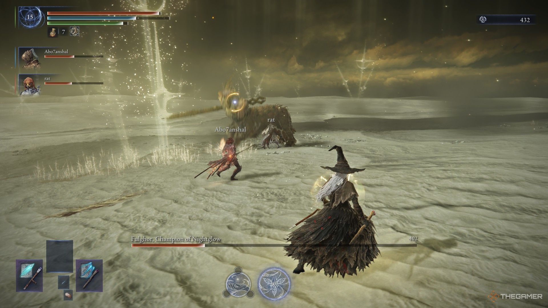 Recluse watches Guardian and Executor fight the Everdark Darkdrift Knight in Elden Ring Nightreign.