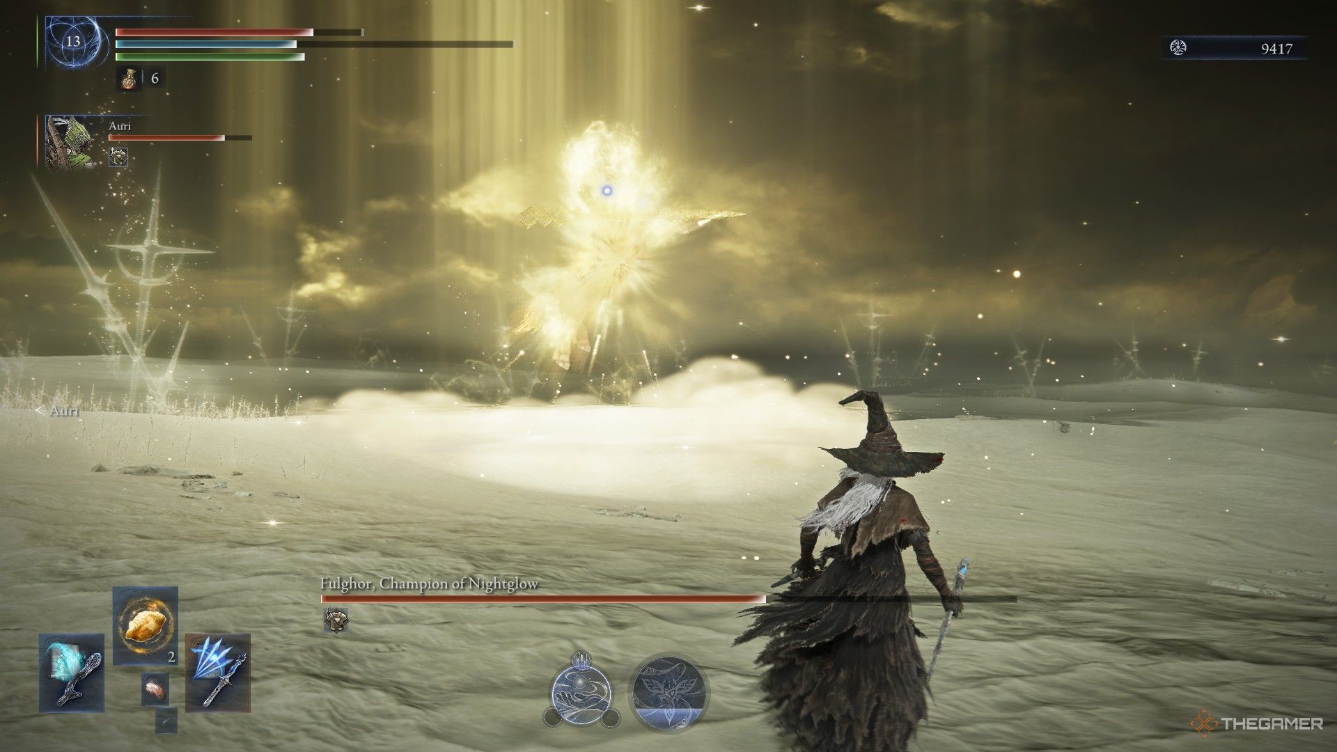 Everdark Darkdrift Knight rises into the air cloaked in gold as he phase transitions in Elden Ring Nightreign.