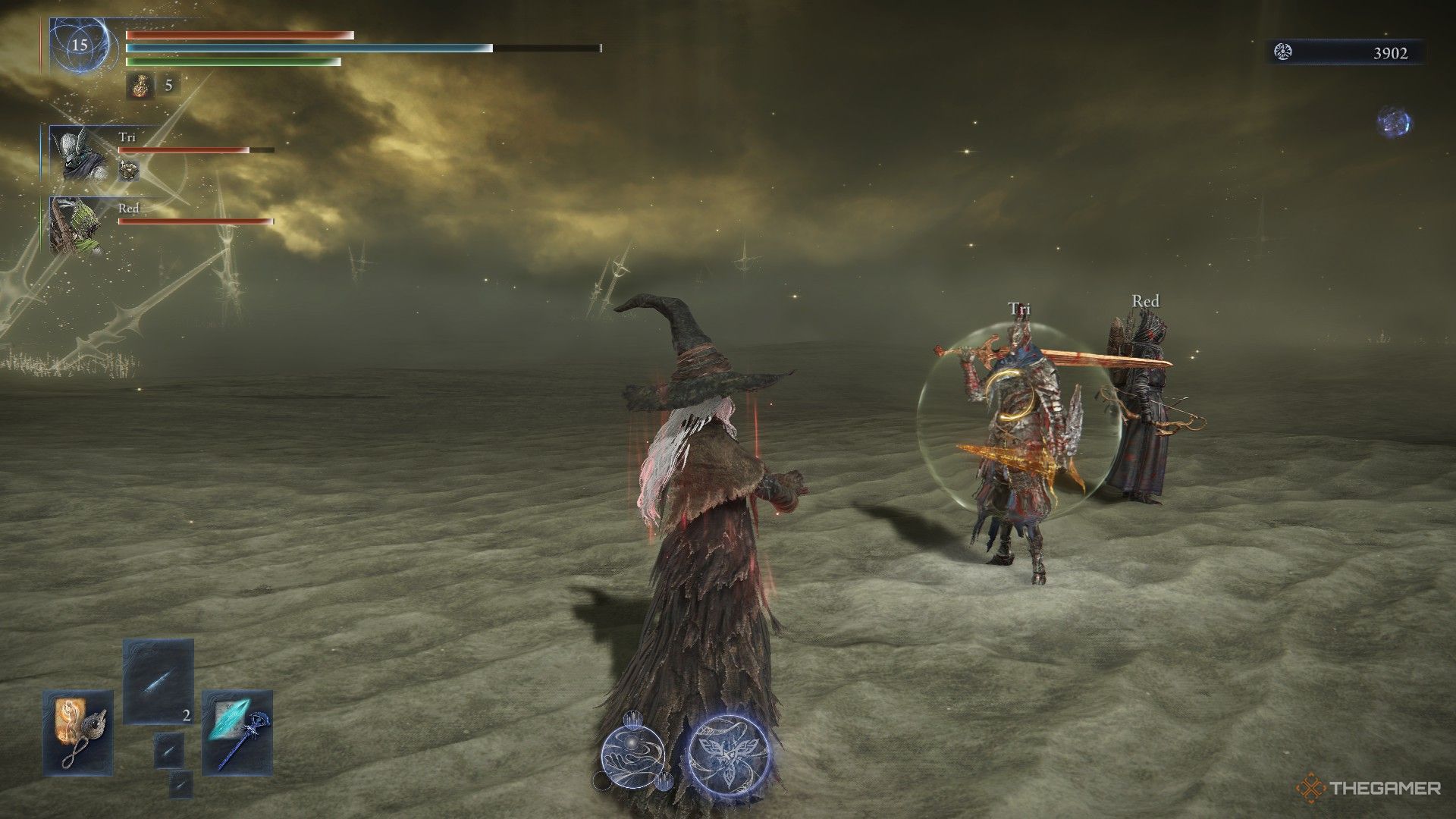 Recluse claps toward Wylder in celebration of defeating Everdark Darkdrift Knight in Elden Ring Nightreign.