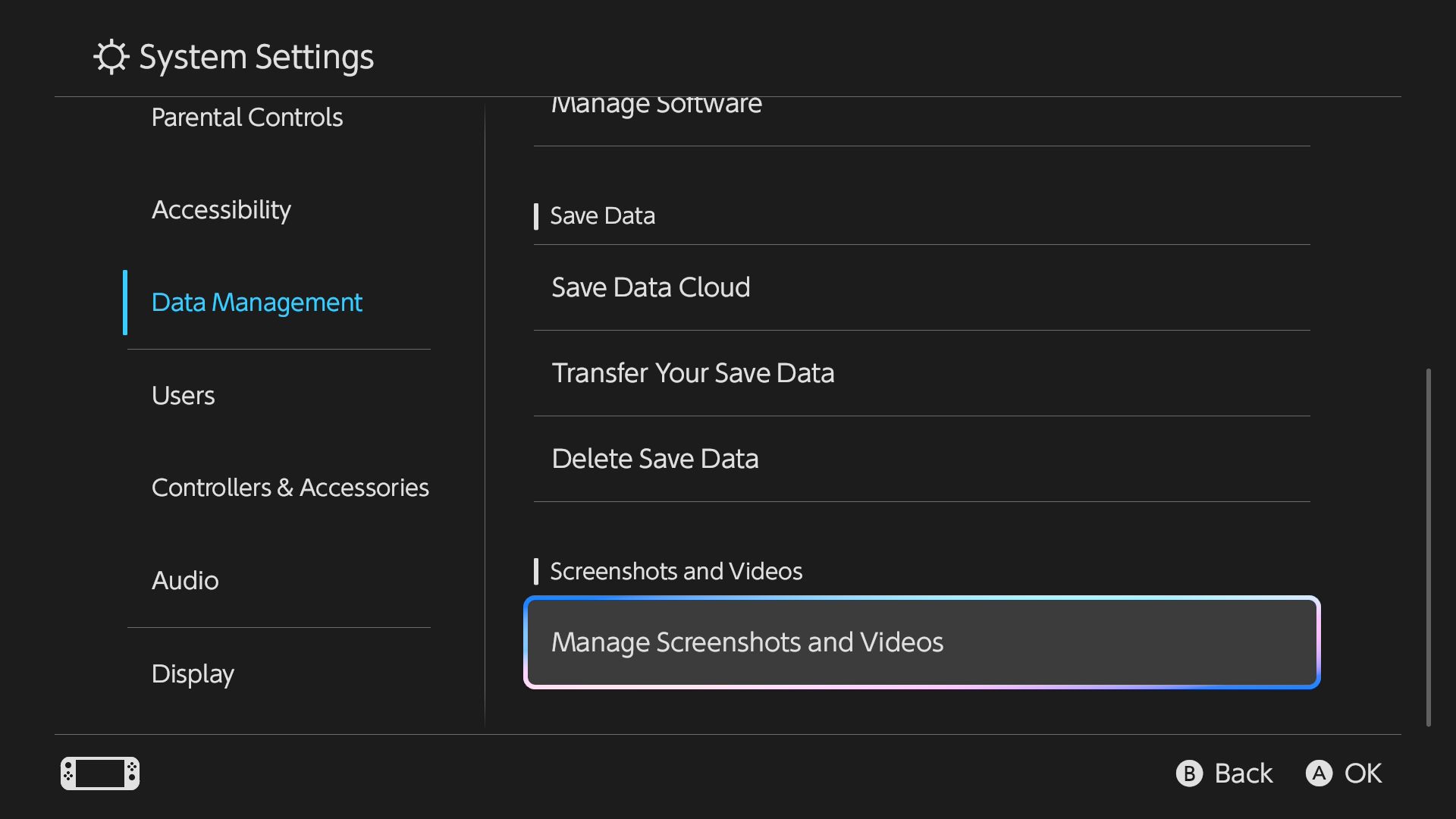 The Manage Screenshots and Videos menu within the Nintendo Switch 2 System Settings.
