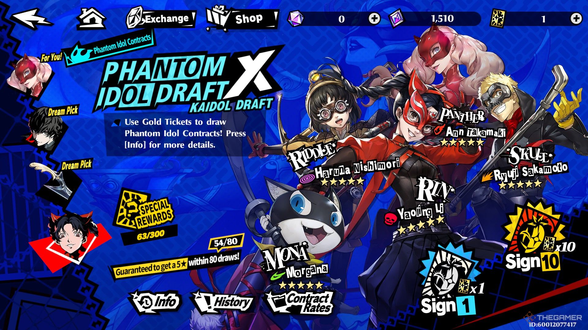 Menu for the Phantom X Idol Draft showing several potential 5-star characters and the currencies available in Persona 5: The Phantom X.