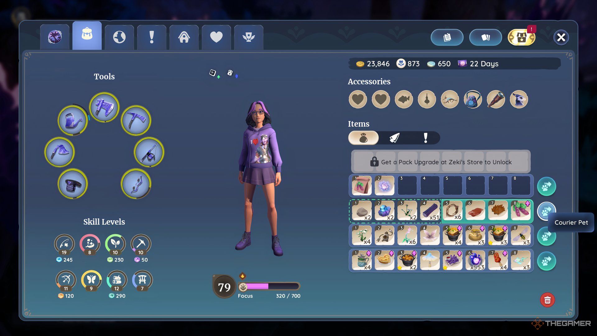 Character Screen Showing The Inventory With The Courier Pet Slots In Palia.