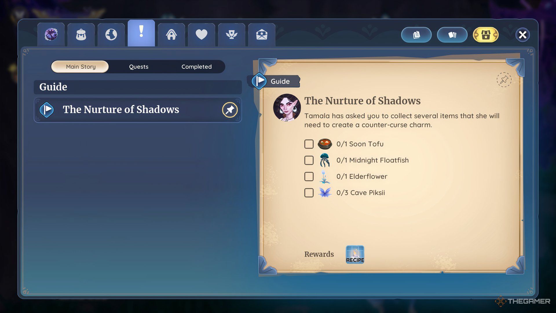 The Nurture Of Shadows Quest Information In The Menu In Palia.