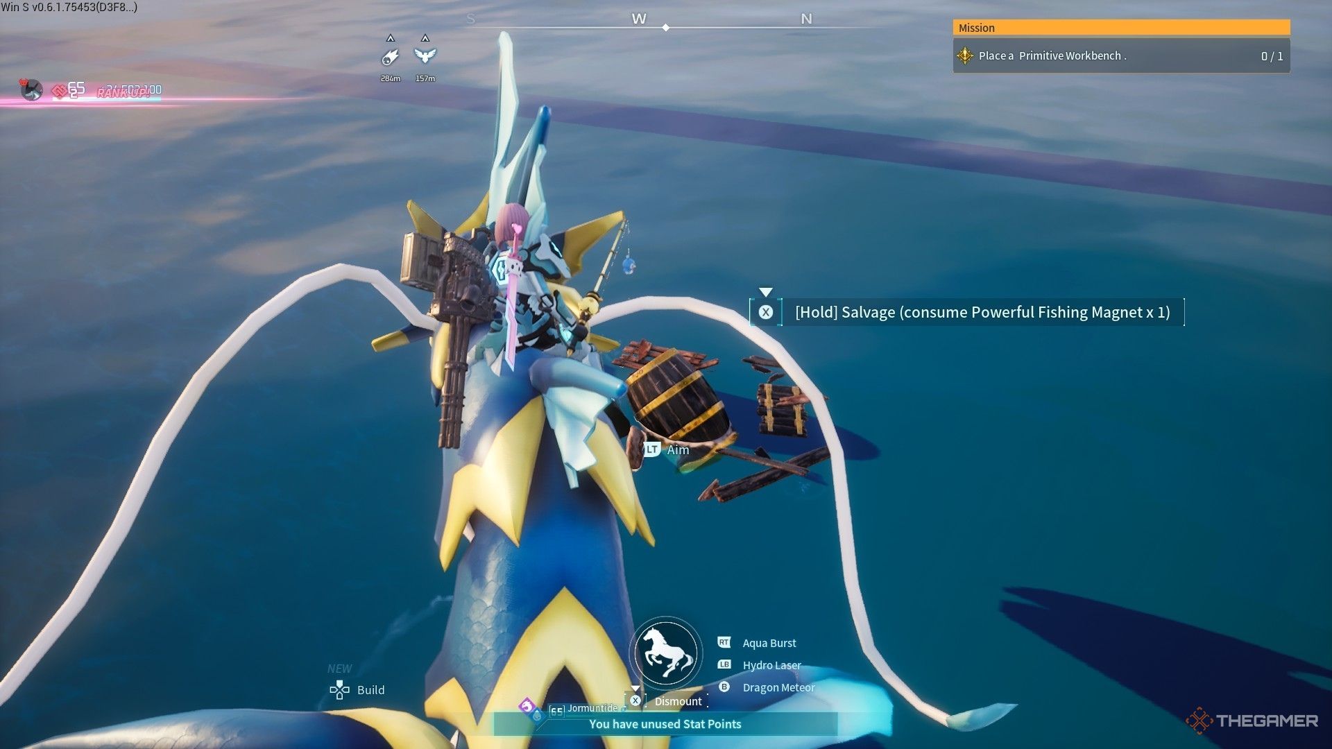 Using powerful fishing magnet to salvage rubble in Palworld.