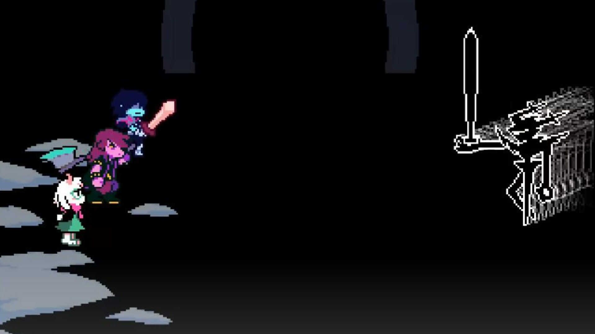 Kris, Susie, и Ralsei против Рыцаря-Ревна в Deltarune.