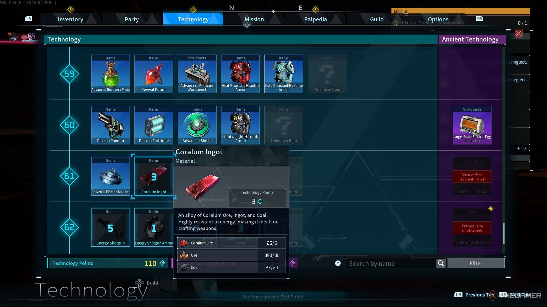 Coralum Ingot from the Technology menu in Palworld.