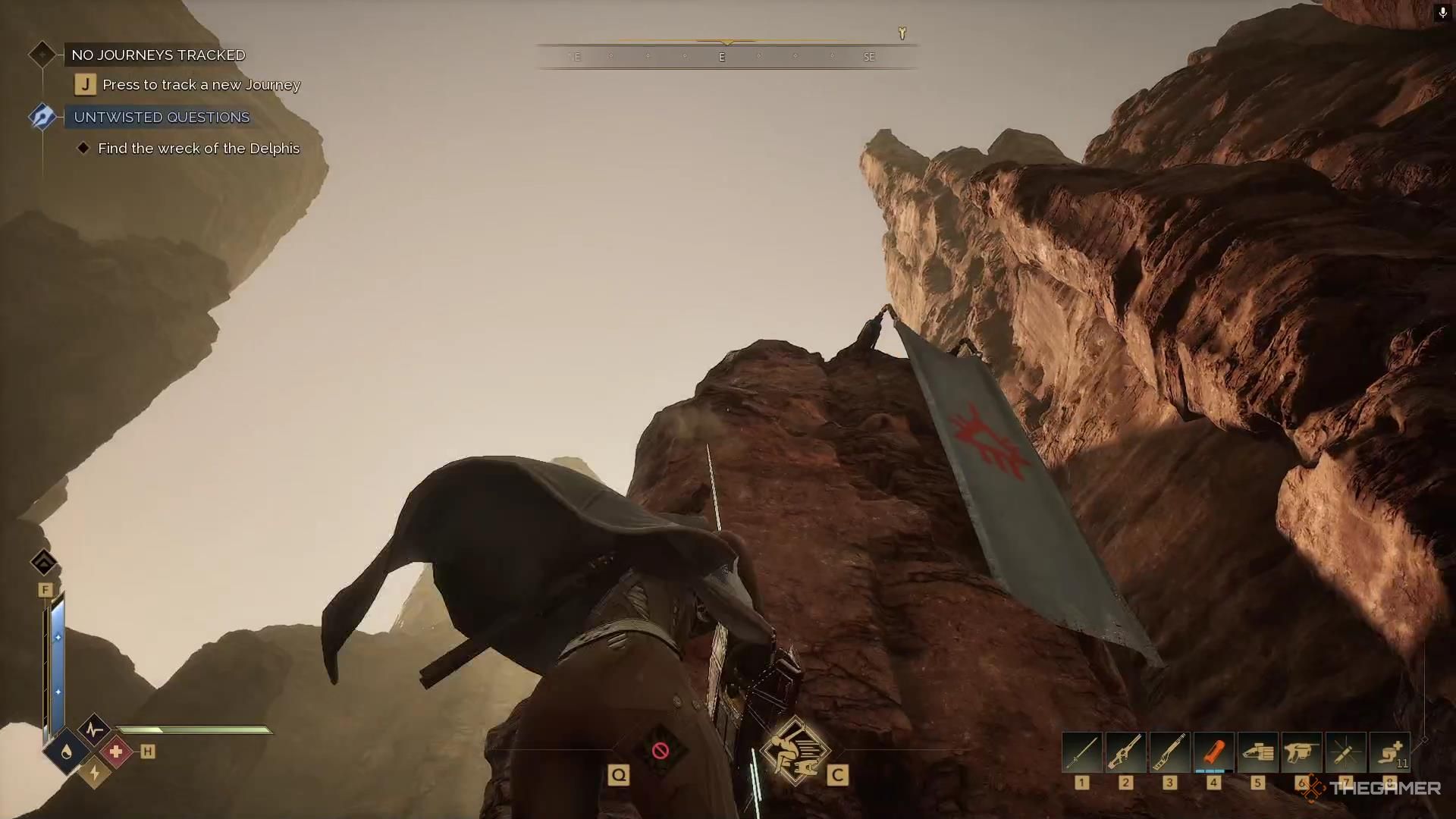 A character launches up a rock with the Shigawire Claw in Dune Awakening.