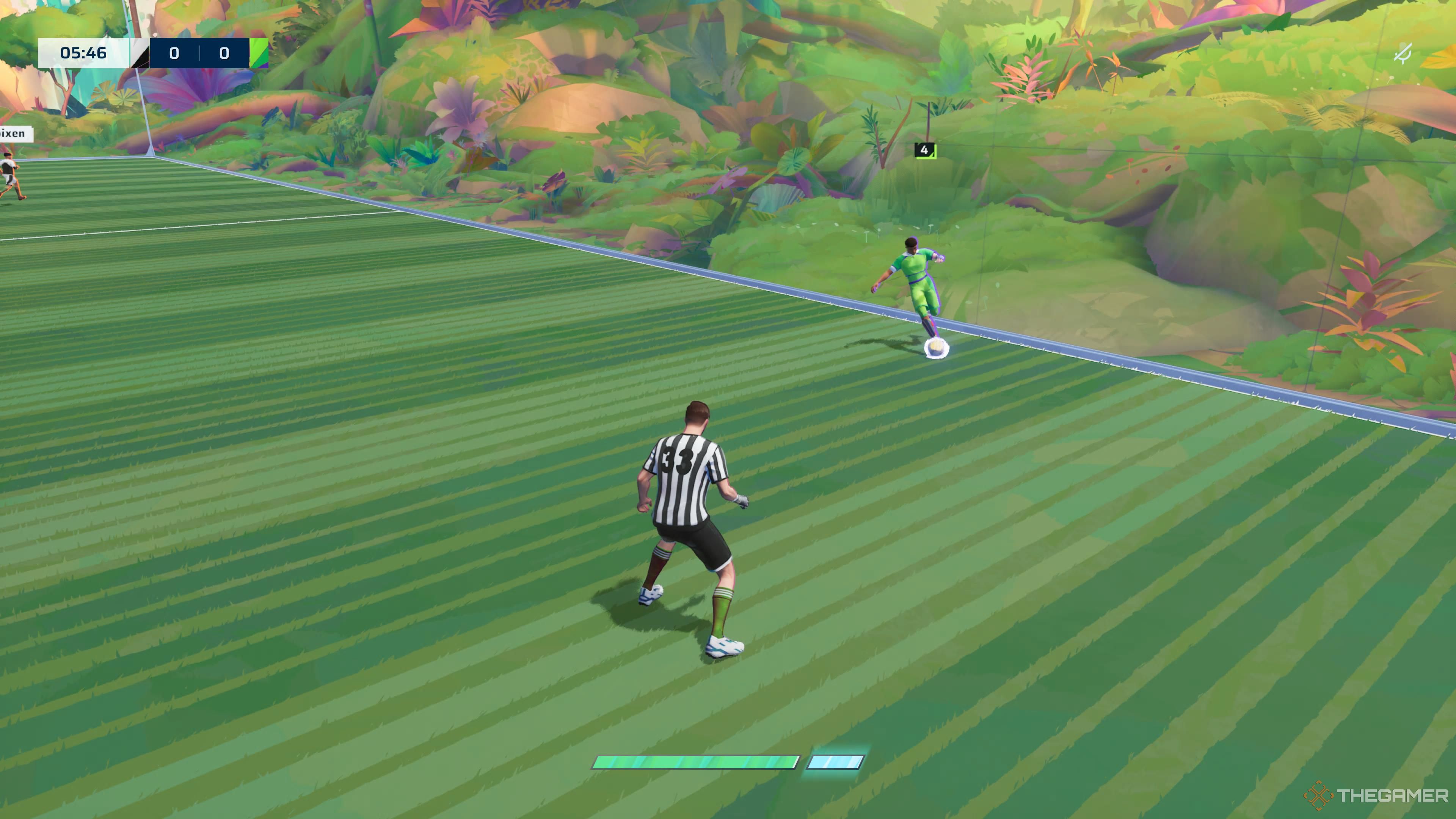 A defender cutting off a striker's path in Rematch.