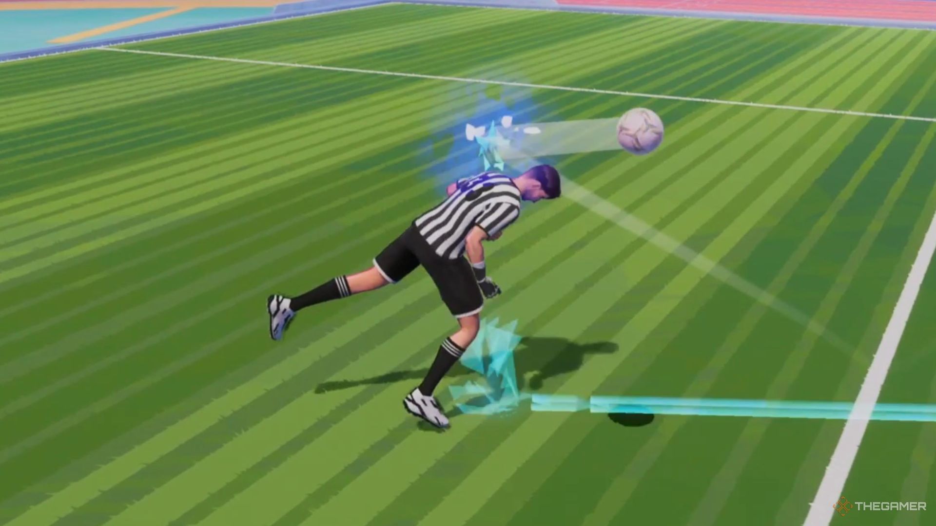 A defender heading the ball in Rematch.