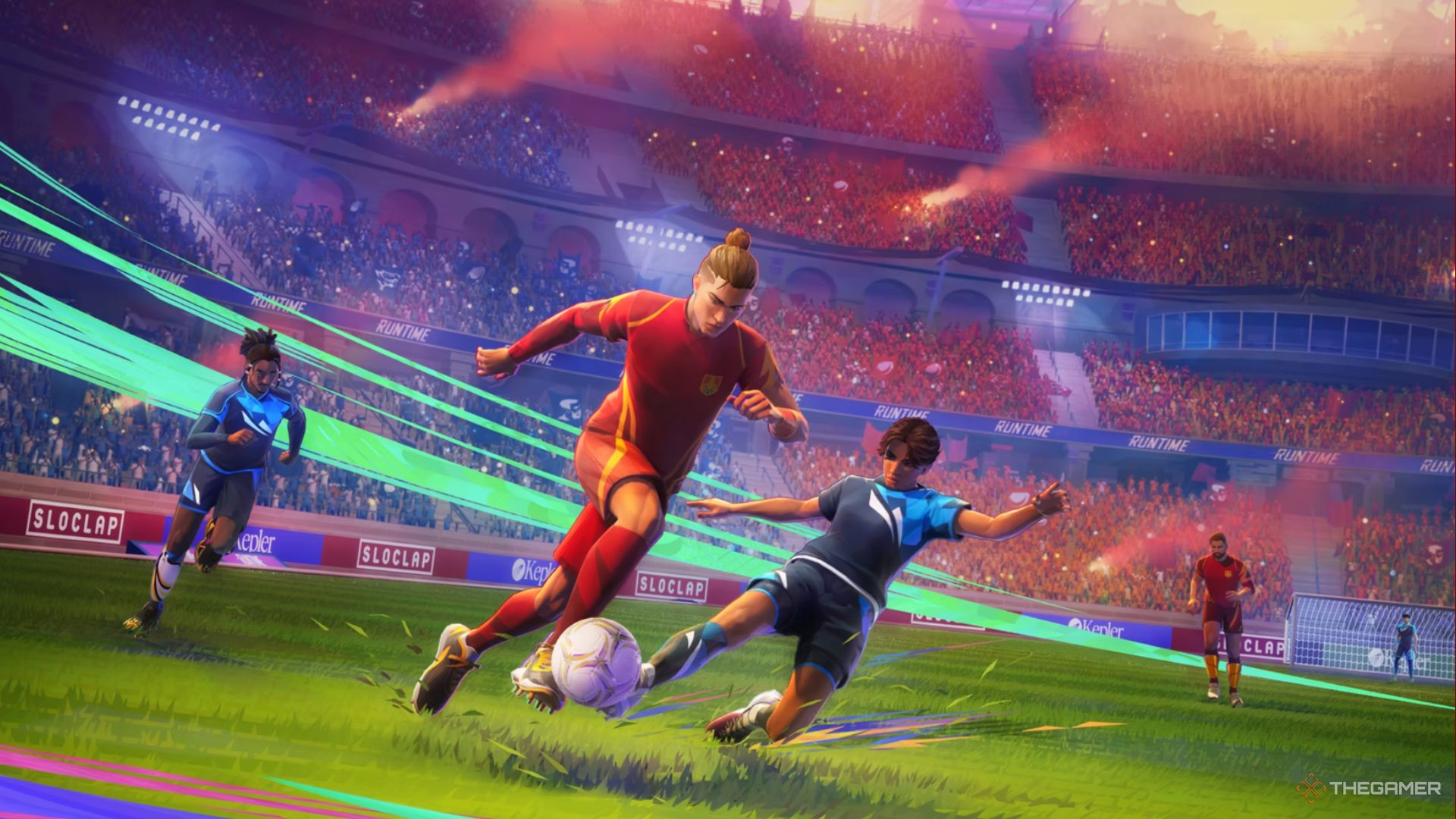 A defender performing a slide tackle while a striker heads toward the screen in Rematch.