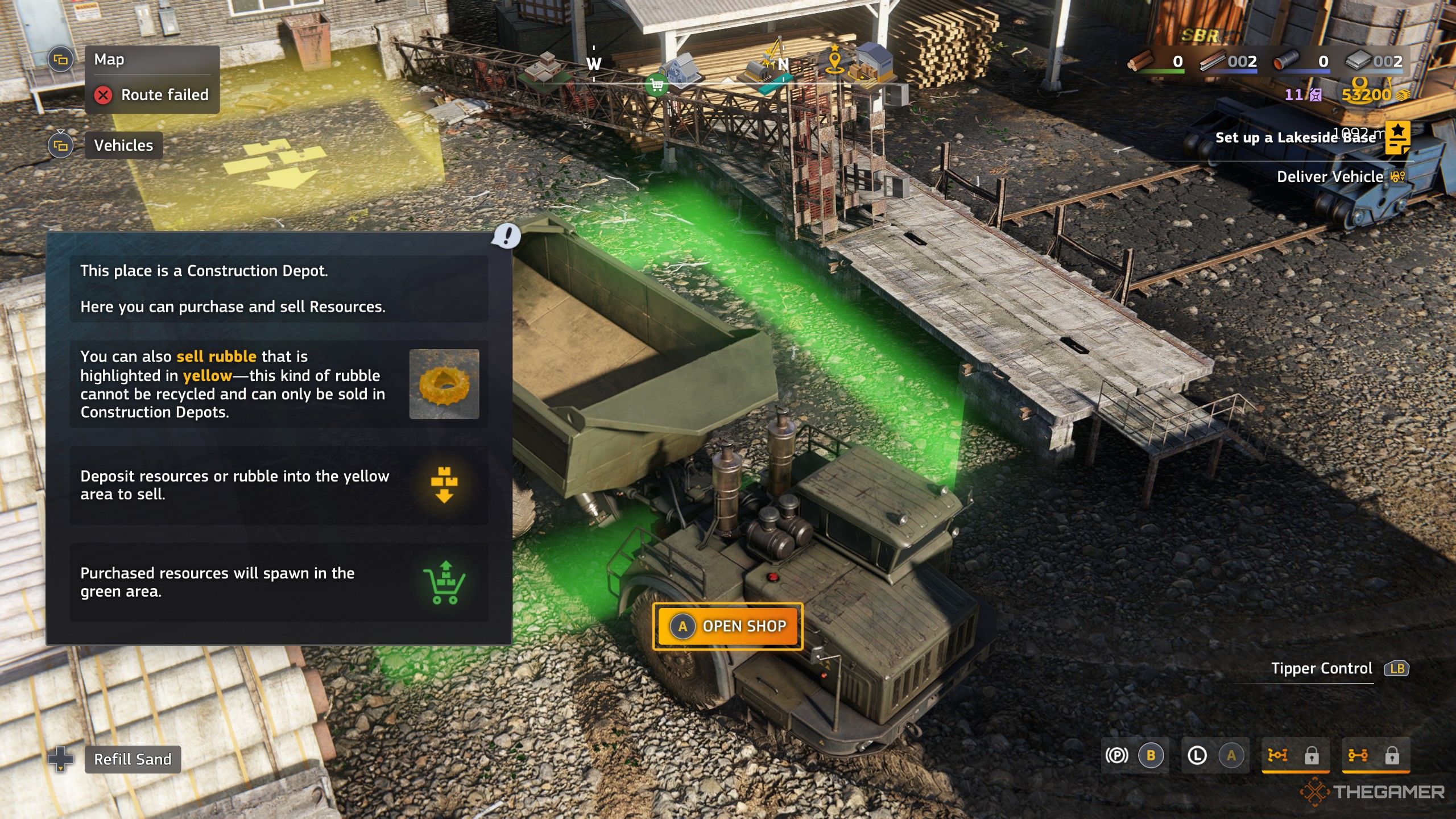 A dump truck sits at a construction depot in RoadCraft, a pop up promp explains the rules.