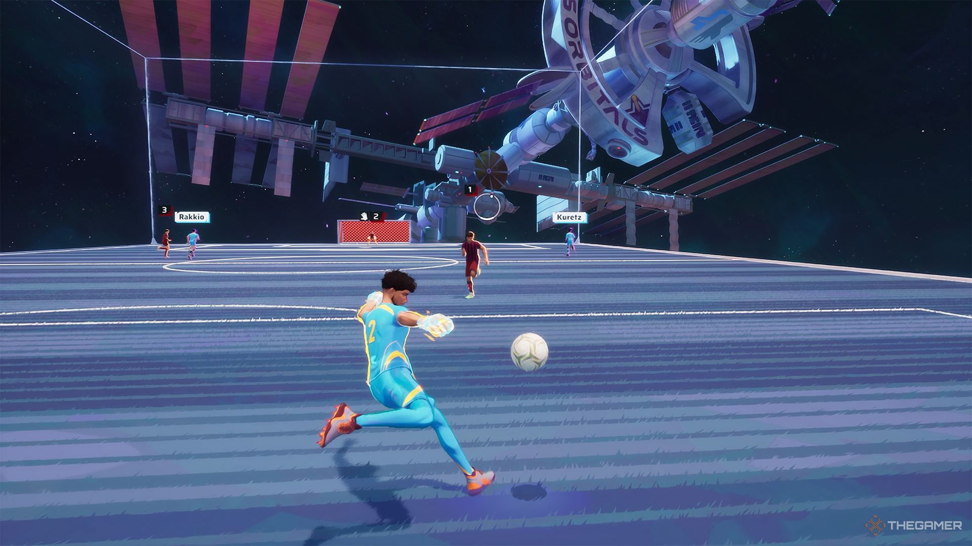 A goalkeeper clearing a ball in Rematch.