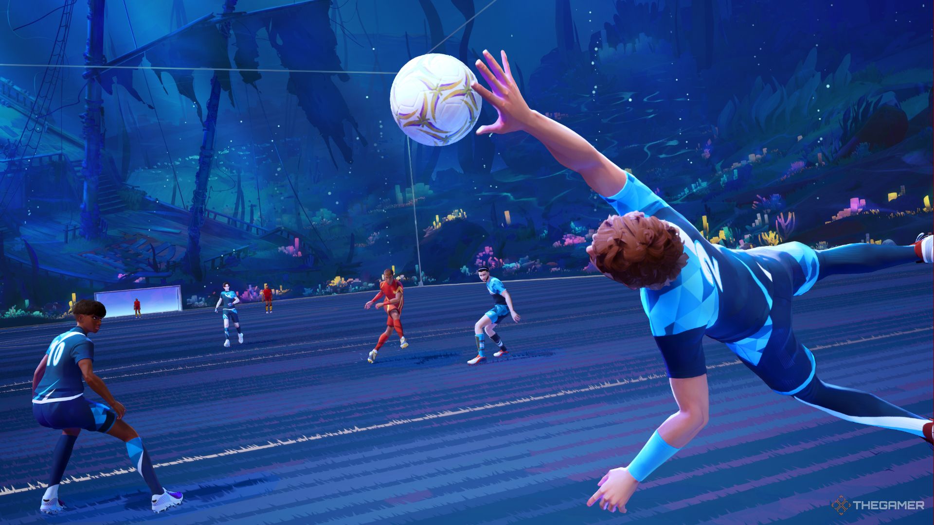 A goalkeeper diving in to defend against a shot in Rematch.