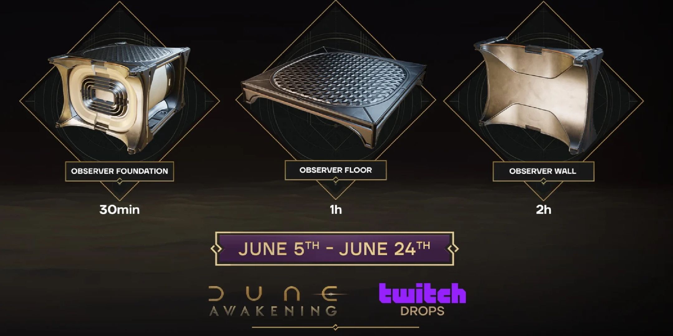 A picture of the three Dune Awakening Twitch drops.