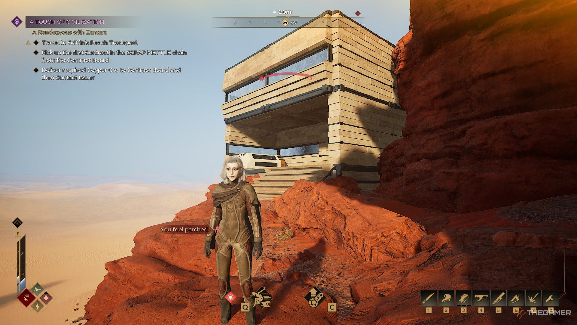 A player standing outside their base in Dune Awakening.