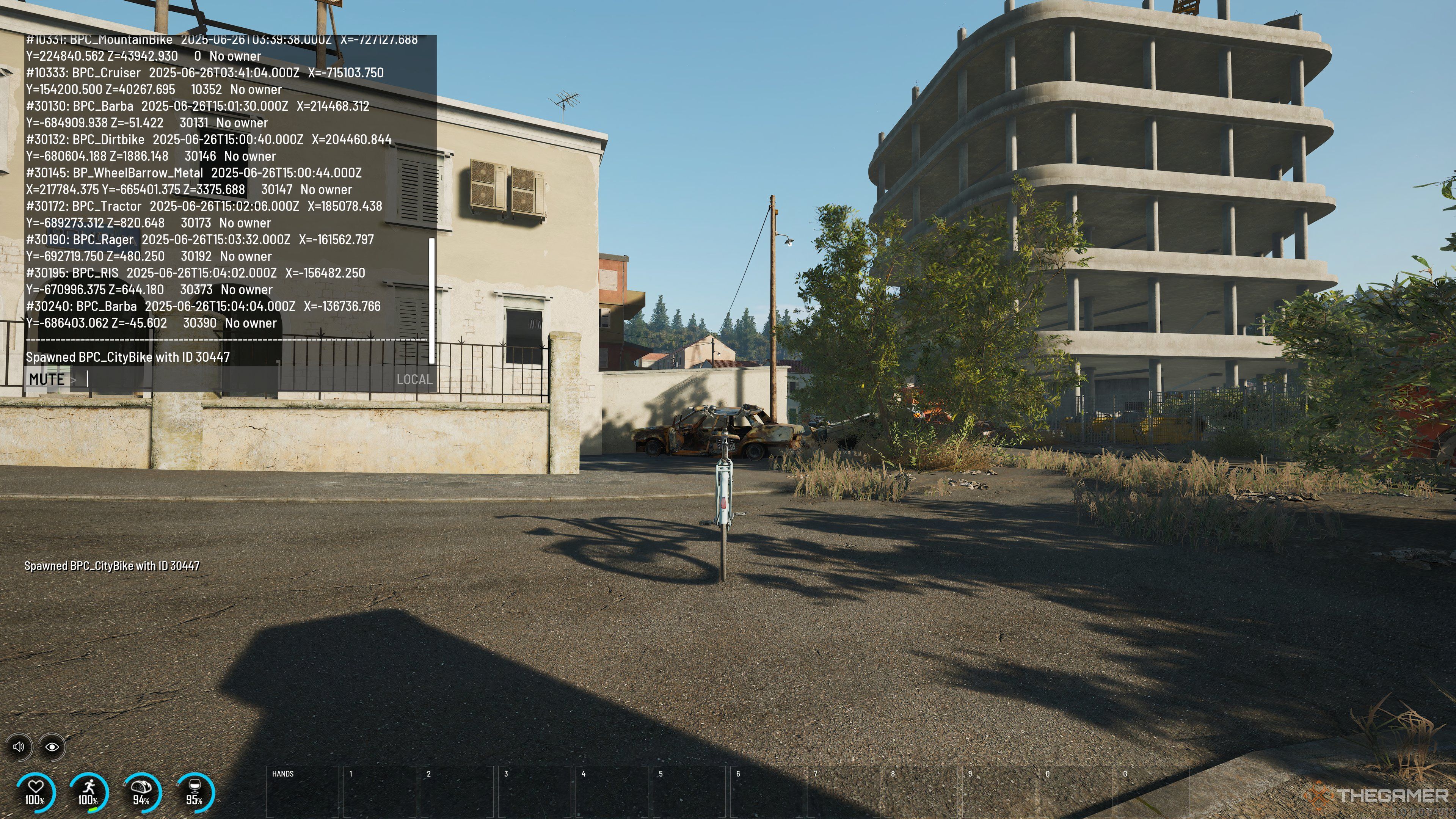 A spawned blue bicycle in a rundown city in Scum.