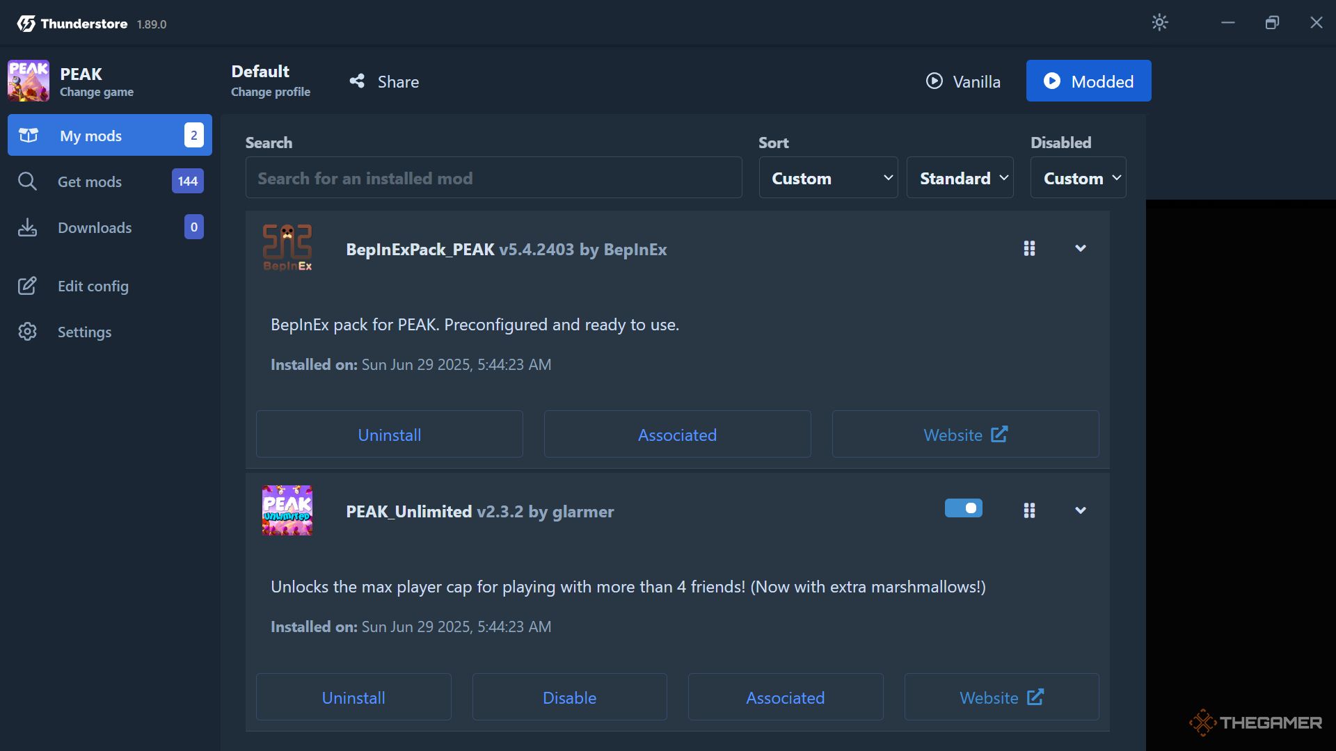 All the mods downloaded in the Thunderstore app
