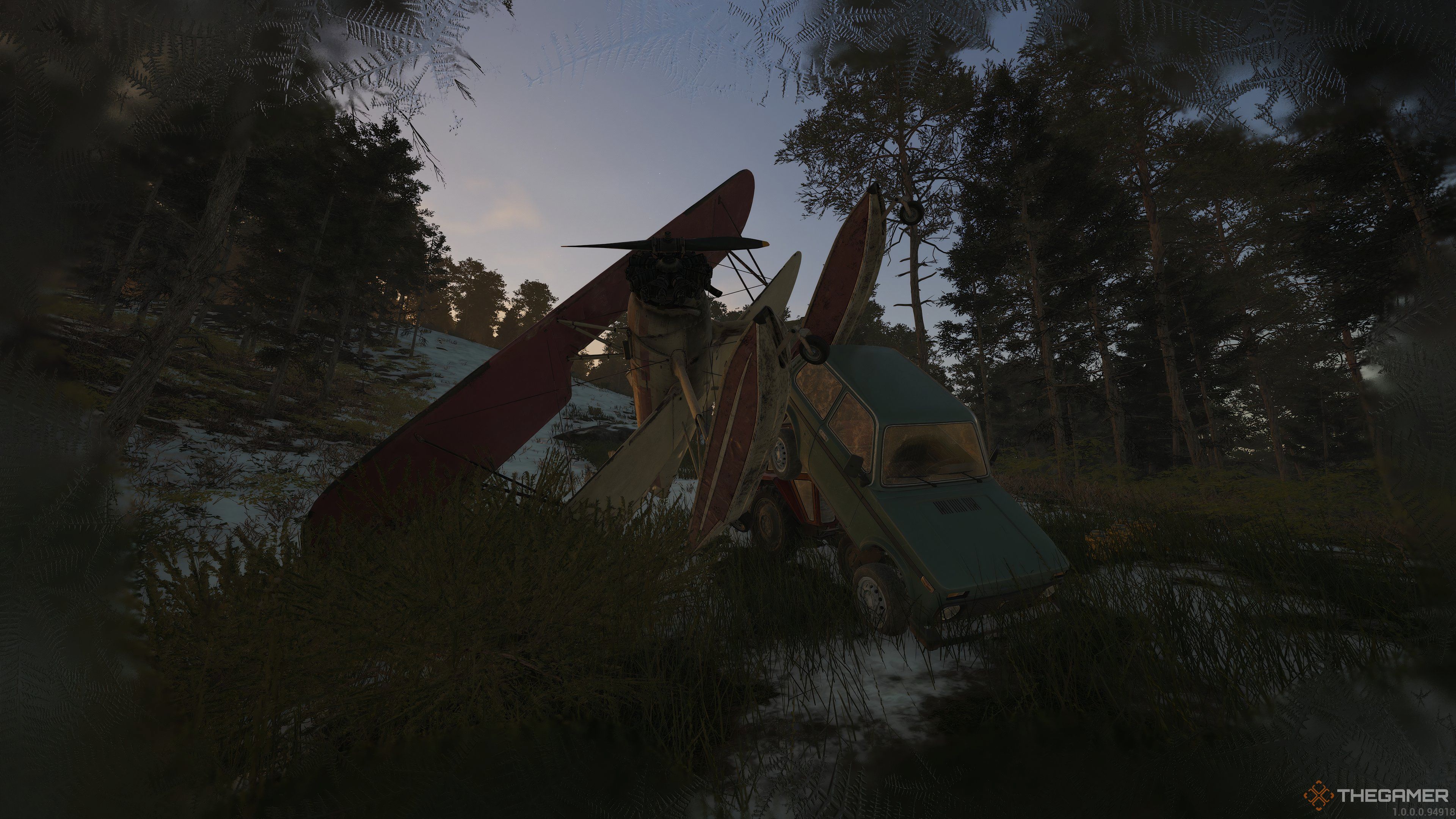 An airplane, tractor, and car stacked on top of each other using console commands in Scum.