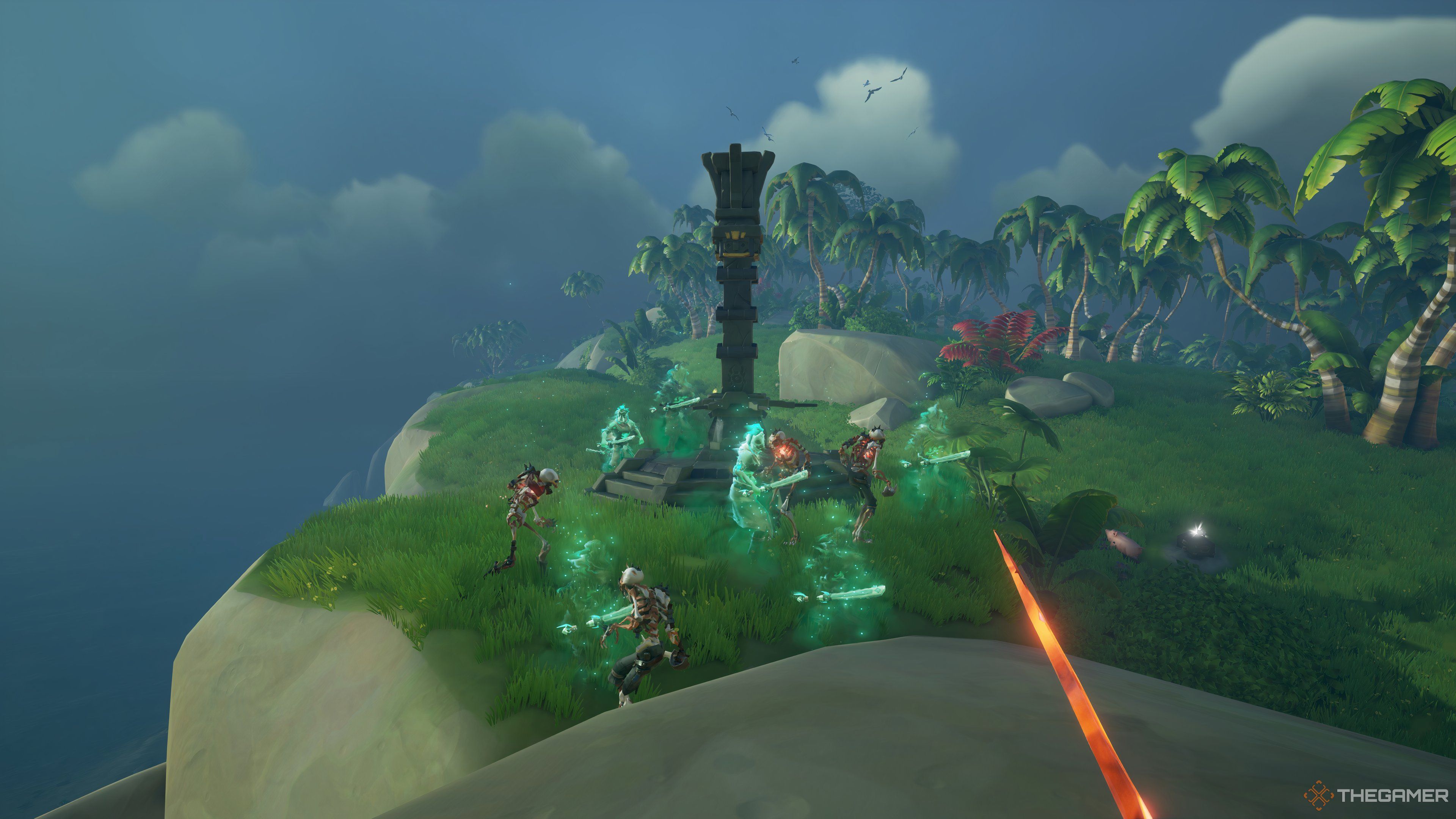 Ancient Pillar and Skeletons fighting Phantoms in Sea of Thieves.