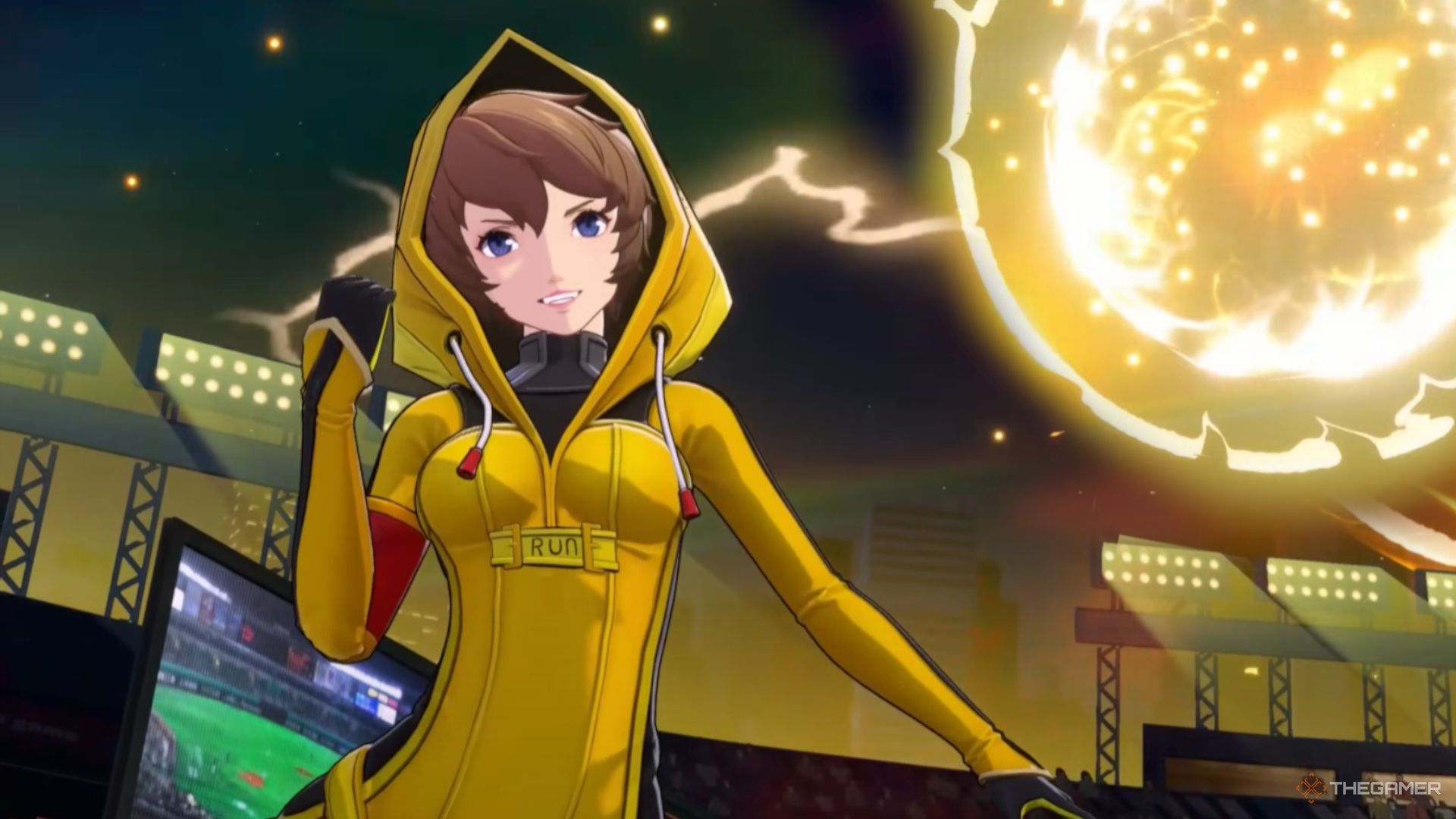 Arai clenching her fist in celebration after just destroying her foes in Persona 5 The Phantom X.