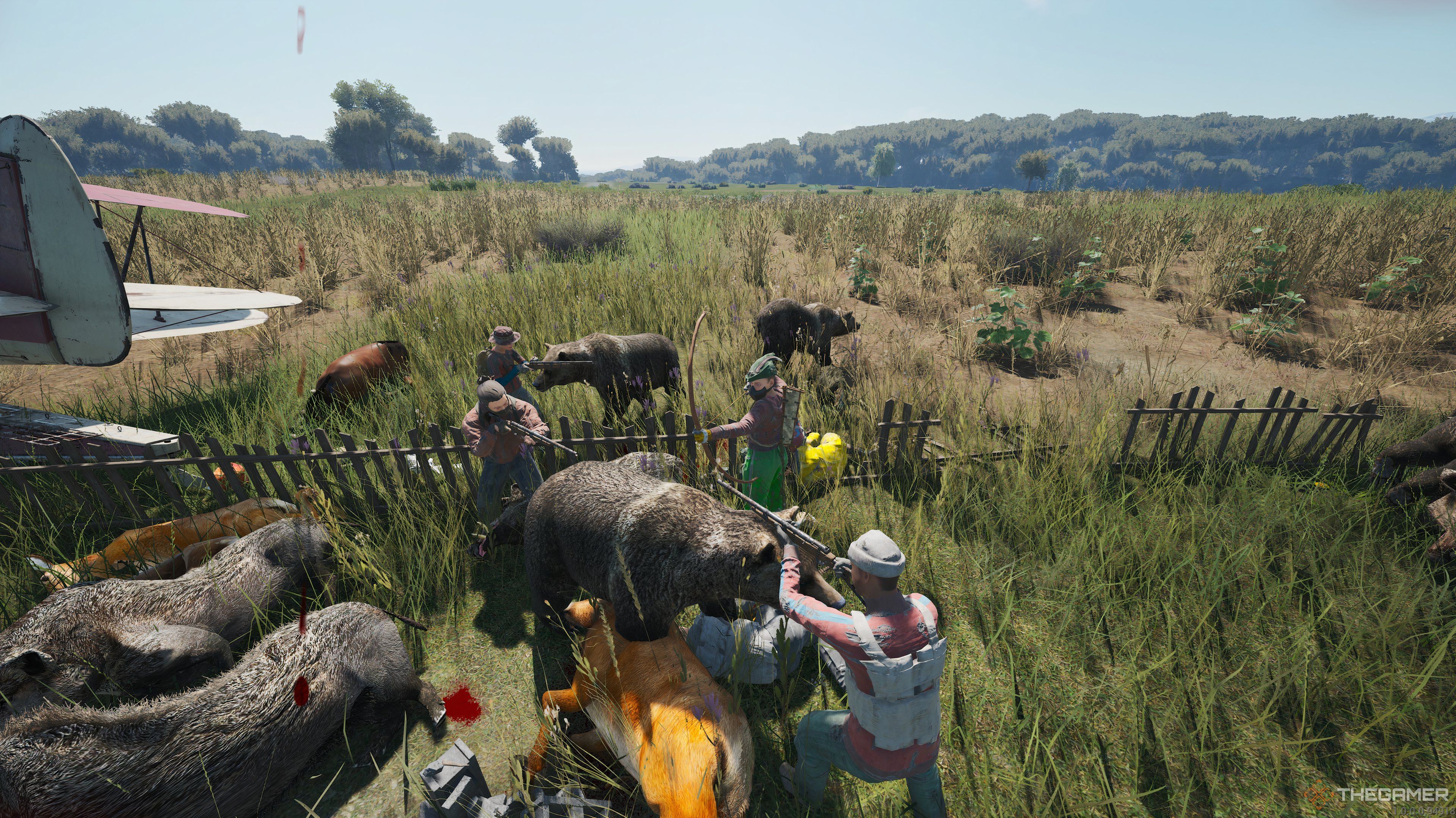 Armed NPCs versus animal spawns by a field in Scum.