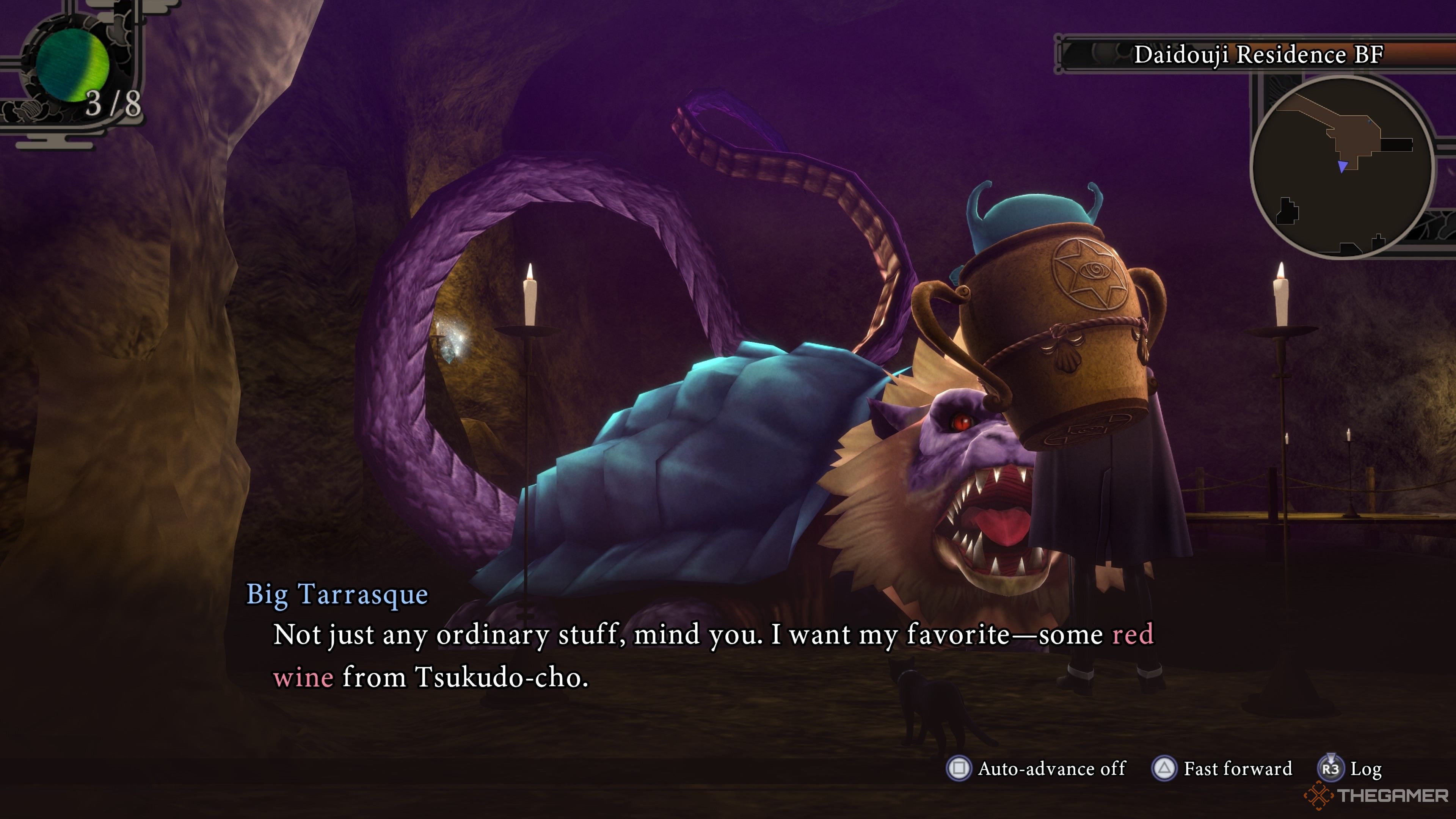 Big Tarrasque asking Raidou for red wine in Raidou Remastered The Mystery Of The Soulless Army.