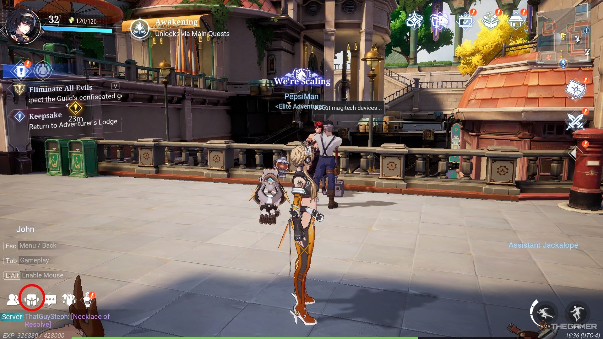 The backpack with a red circle around it is located on the bottom left with the side view of the character in the middle in Crystal of Atlan. There are two other characters in the background. 