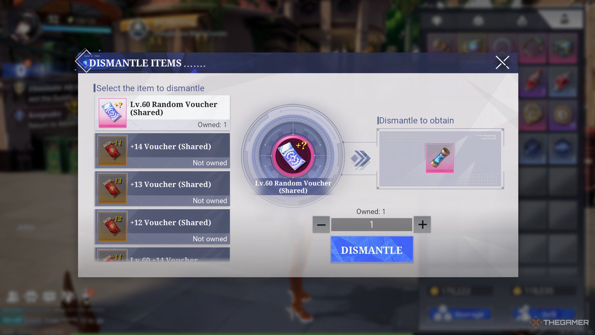 The dismantle window in Crystal of Atlan showing the items that can be broken down on the left. A voucher has been selected in the middle showing its output on the right. 