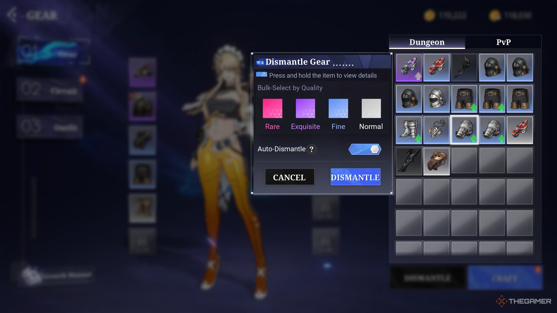 The dismantle window showing the different tiers that can be broken down in Crystal of Atlan. 