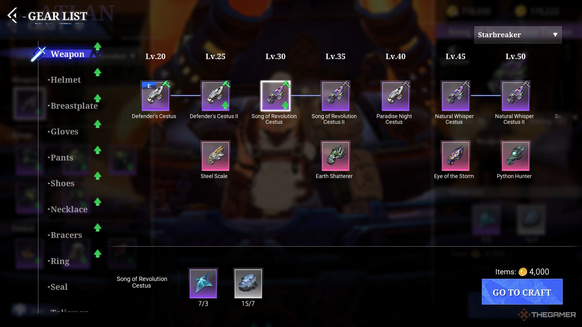At the Gear List menu showing all the gear for level 20 in Crystal of Atlan. On the left, there are other catagories for other pieces of armor. 