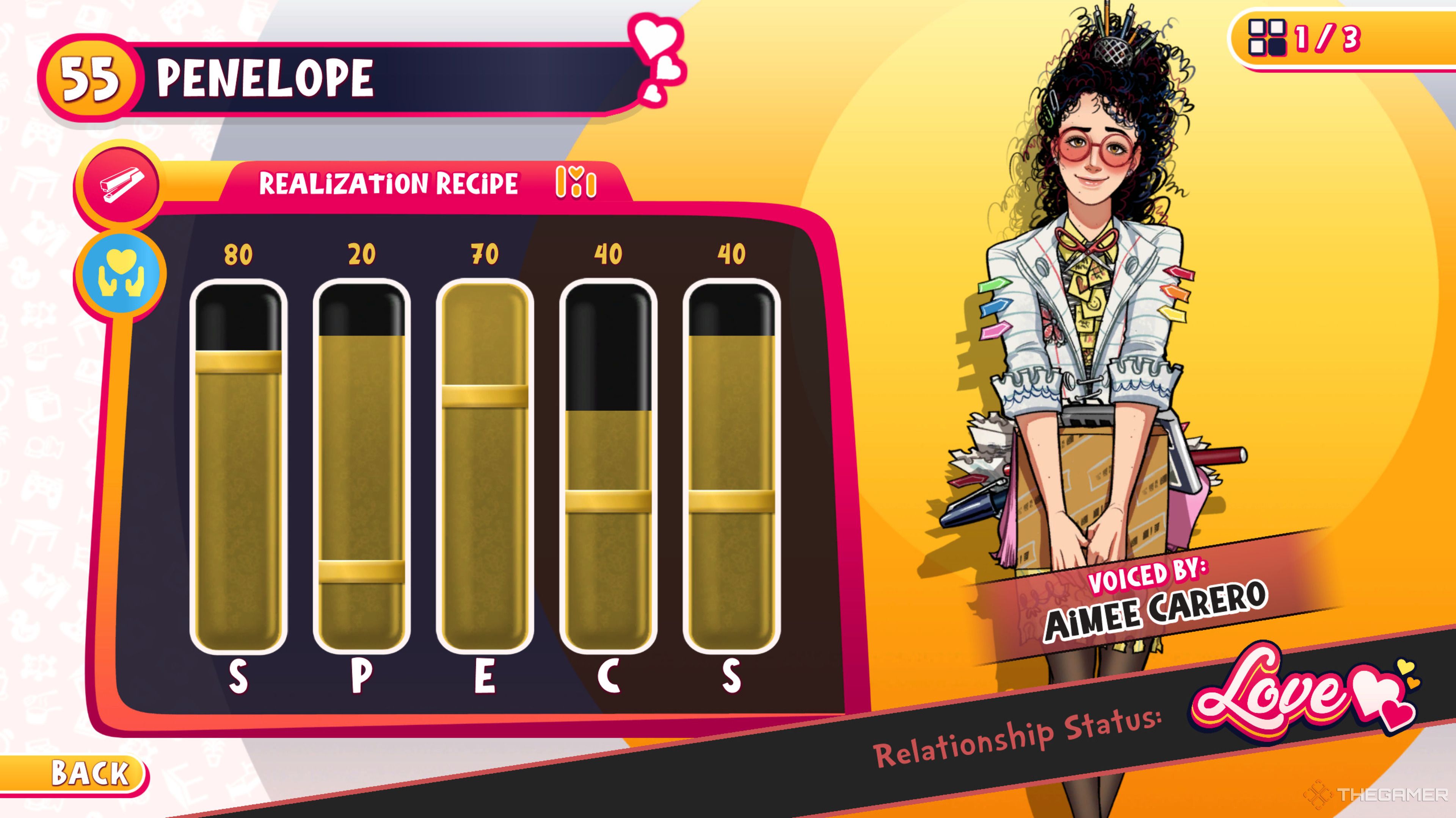 The realization recipe menu for Penelope in Date Everything.