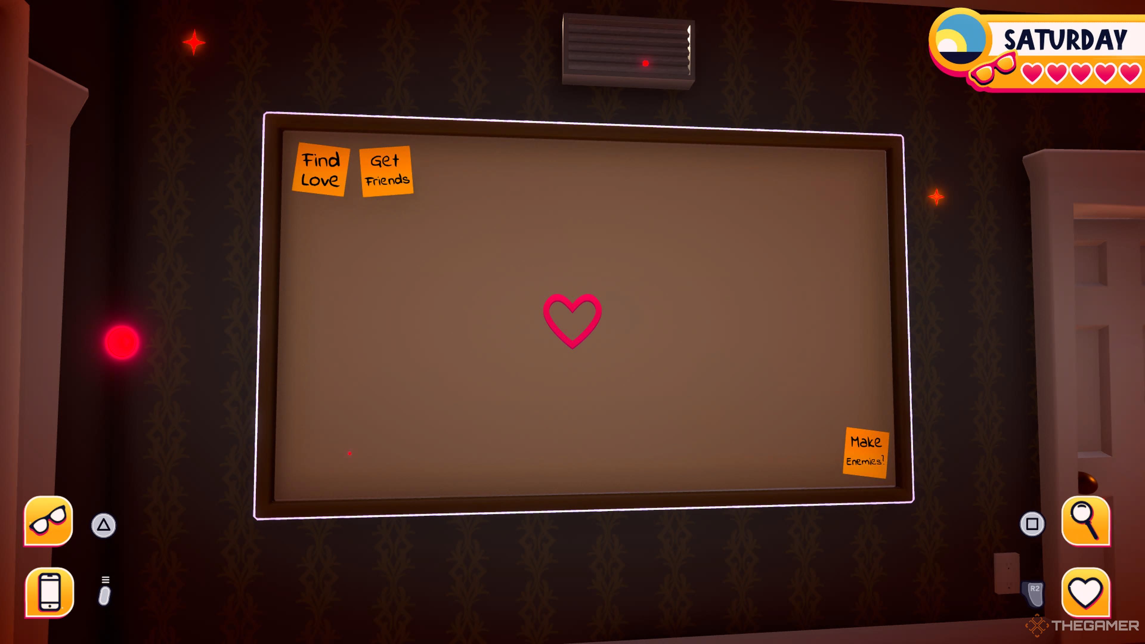 The player looking at a bulletin board in Date Everything.