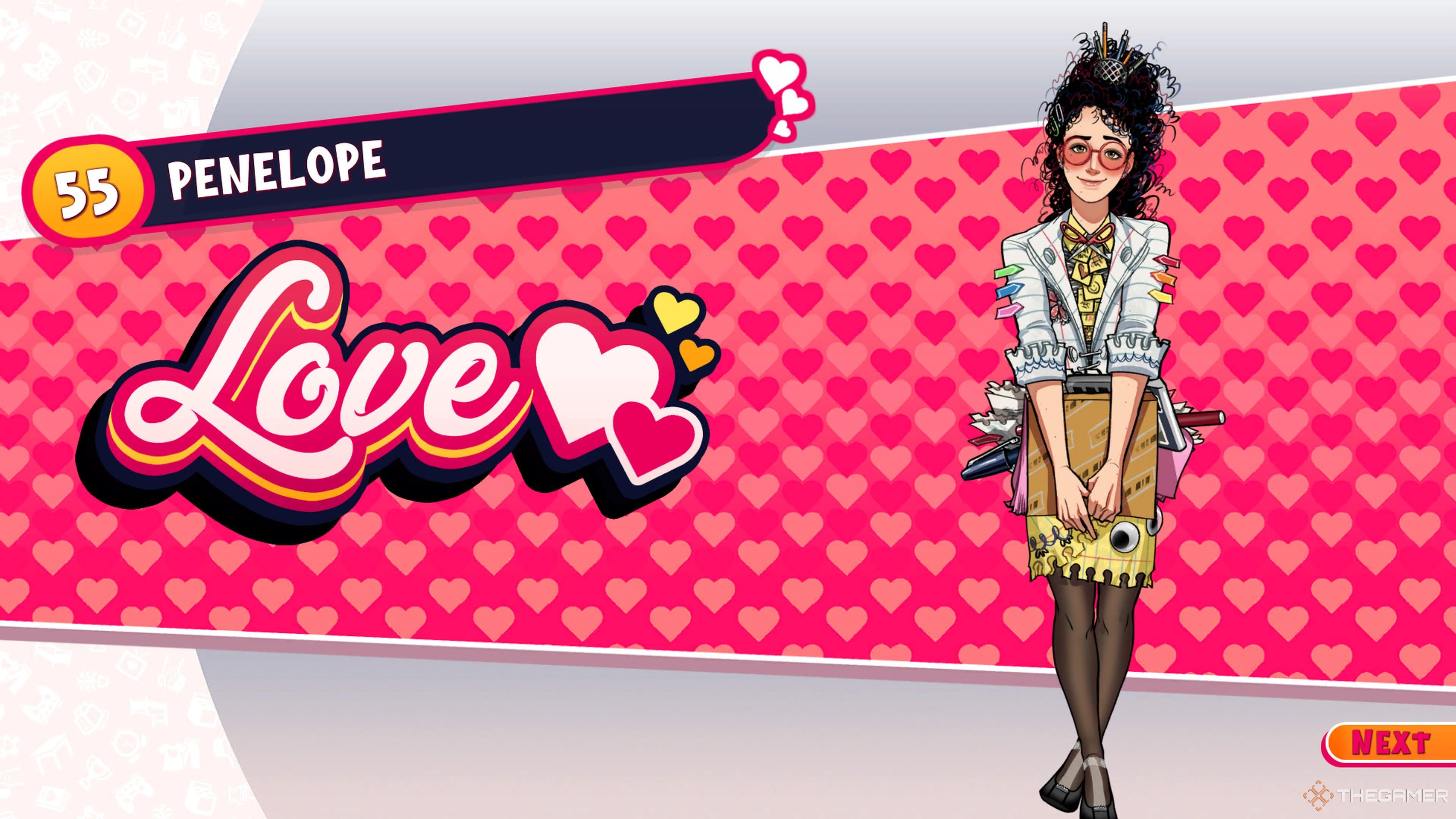 The love ending screen for Penelope in Date Everything.