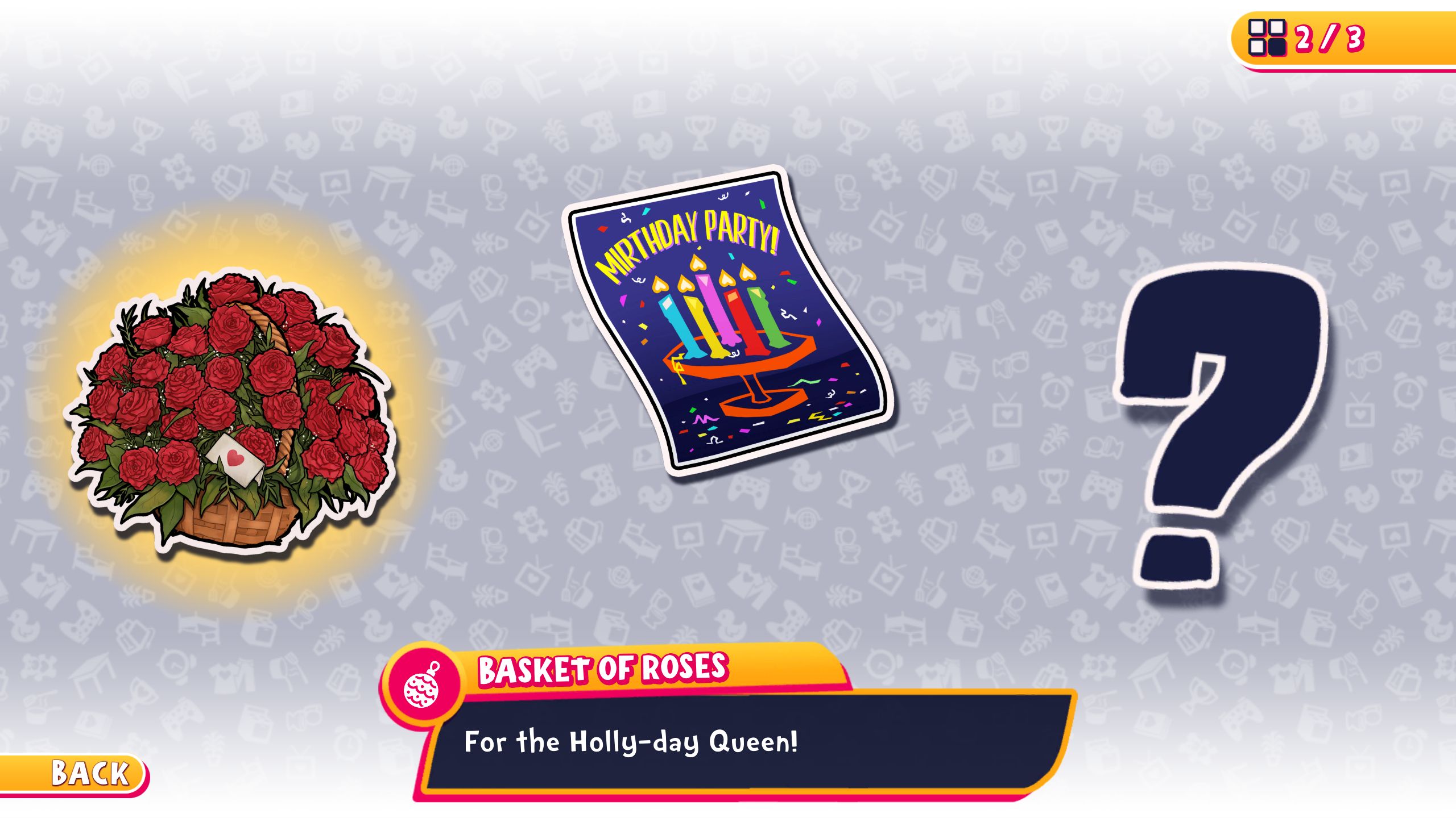 Collectables menu for Holly in Date Everything!
