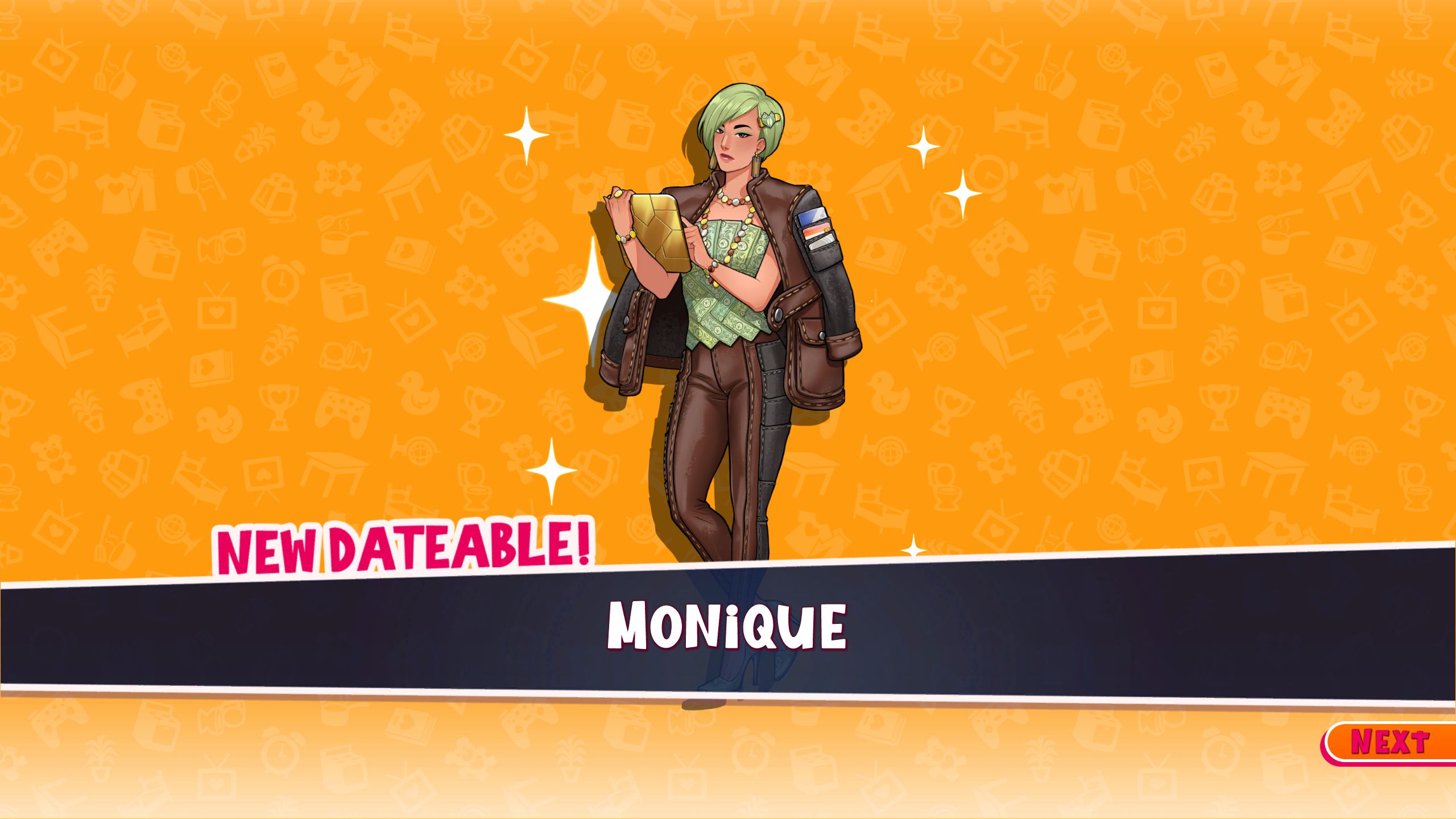 Character pop up showing Monique for the first time in Date Everything!