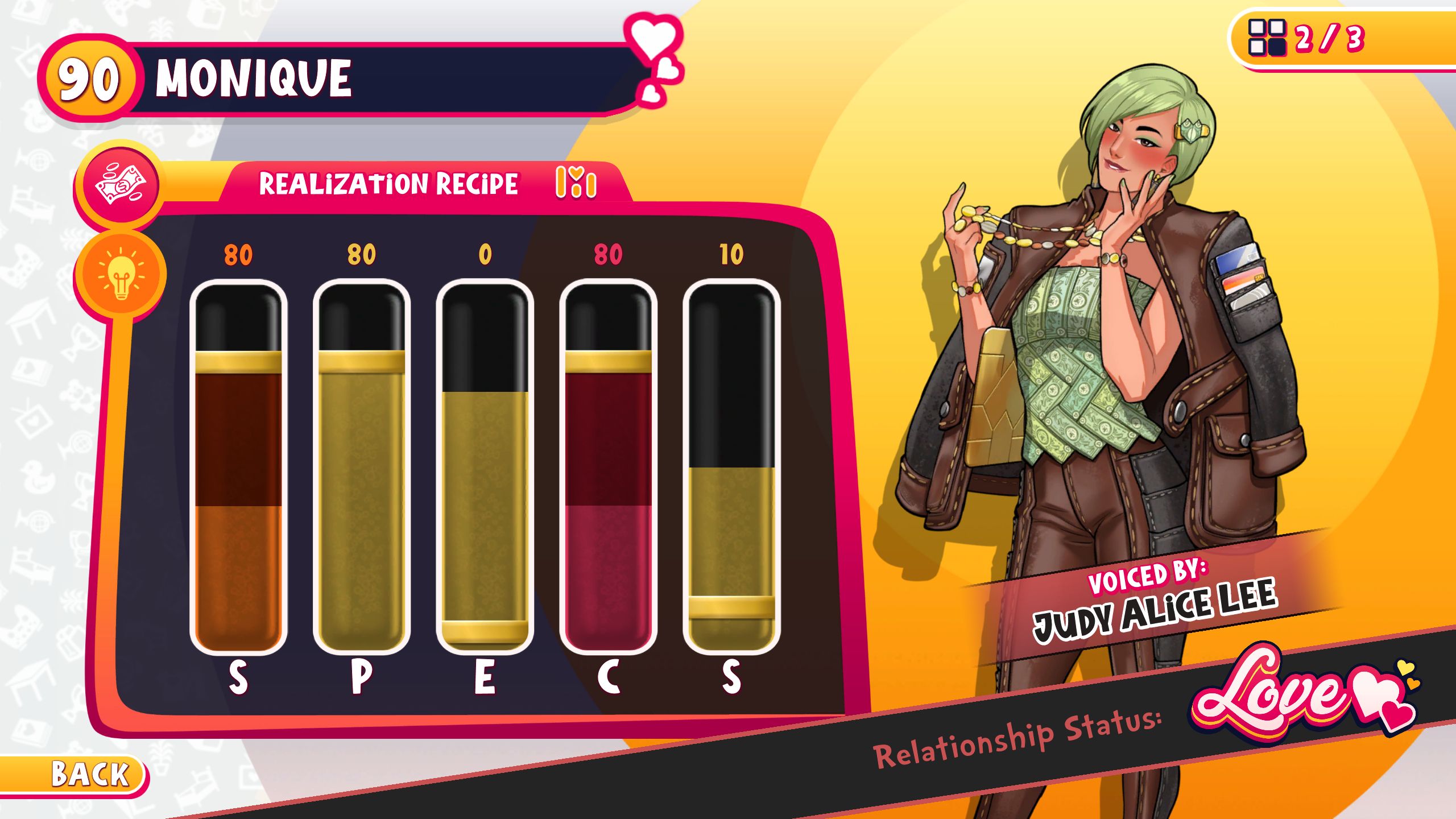 Realization menu showing the necessary SPECS for Monique in Date Everything!